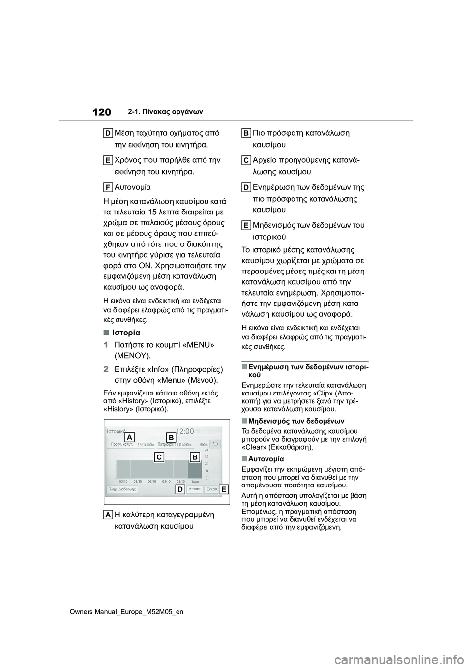 TOYOTA YARIS 2022  ΟΔΗΓΌΣ ΧΡΉΣΗΣ (in Greek) 120
Owners Manual_Europe_M52M05_en
2-1. Πίνακας οργάνων
Μέση ταχύτητα οχήματος από 
την εκκίνηση του κινητήρα.
Χρόνος που παρήλ
