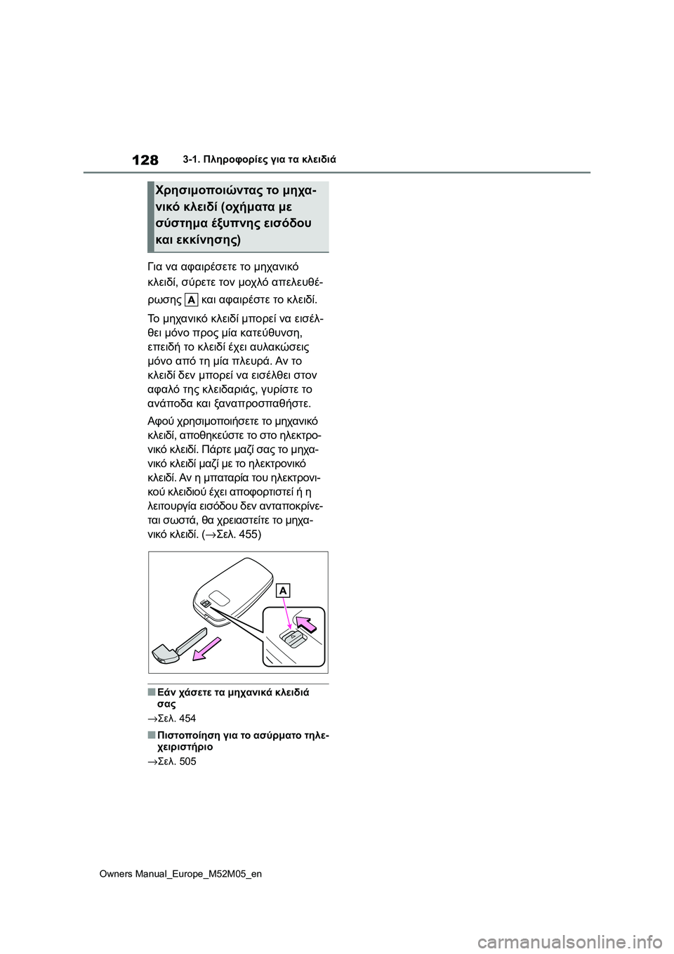 TOYOTA YARIS 2022  ΟΔΗΓΌΣ ΧΡΉΣΗΣ (in Greek) 128
Owners Manual_Europe_M52M05_en
3-1. Πληροφορίες για τα κλειδιά
Για να αφαιρέσετε το μηχανικό 
κλειδί, σύρετε τον μοχλό απελ