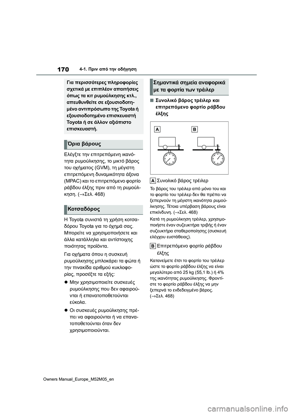 TOYOTA YARIS 2022 ΟΔΗΓΌΣ ΧΡΉΣΗΣ (in Greek) 170
Owners Manual_Europe_M52M05_en
4-1. Πριν από την οδήγηση
Ελέγξτε την επιτρεπόμενη ικανό-
τητα ρυμούλκησης, το μικτό βάρος
τ TOYOTA YARIS 2022 ΟΔΗΓΌΣ ΧΡΉΣΗΣ (in Greek) 170
Owners Manual_Europe_M52M05_en
4-1. Πριν από την οδήγηση
Ελέγξτε την επιτρεπόμενη ικανό-
τητα ρυμούλκησης, το μικτό βάρος
τ