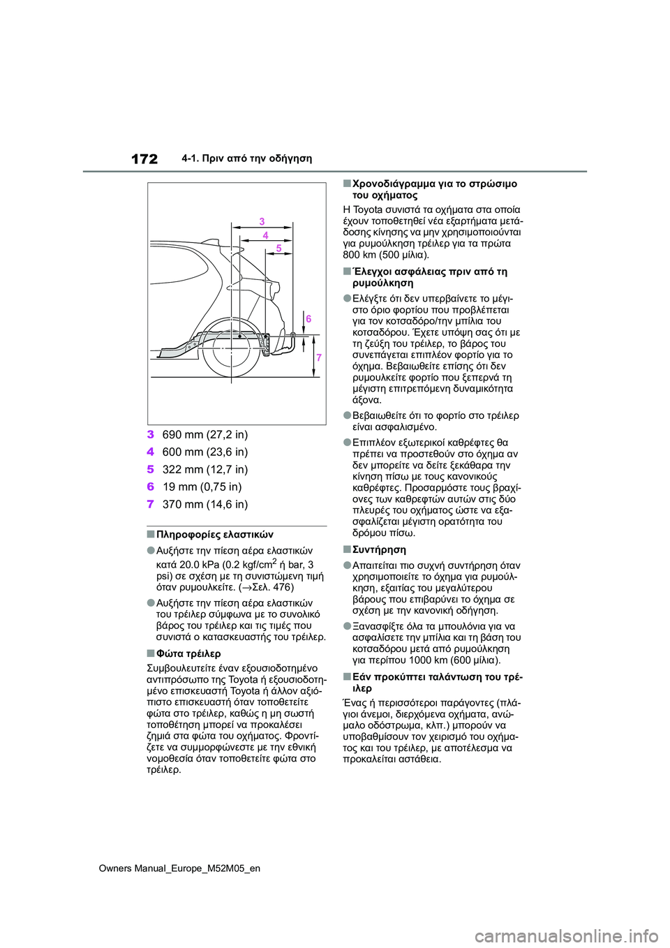 TOYOTA YARIS 2022 ΟΔΗΓΌΣ ΧΡΉΣΗΣ (in Greek) 172
Owners Manual_Europe_M52M05_en
4-1. Πριν από την οδήγηση
3690 mm (27,2 in)
4600 mm (23,6 in)
5322 mm (12,7 in)
619 mm (0,75 in)
7370 mm (14,6 in)
■Πληροφορίες ελα TOYOTA YARIS 2022 ΟΔΗΓΌΣ ΧΡΉΣΗΣ (in Greek) 172
Owners Manual_Europe_M52M05_en
4-1. Πριν από την οδήγηση
3690 mm (27,2 in)
4600 mm (23,6 in)
5322 mm (12,7 in)
619 mm (0,75 in)
7370 mm (14,6 in)
■Πληροφορίες ελα