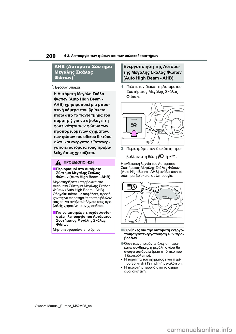 TOYOTA YARIS 2022 ΟΔΗΓΌΣ ΧΡΉΣΗΣ (in Greek) 200
Owners Manual_Europe_M52M05_en
4-3. Λειτουργία των φώτων και των υαλοκαθαριστήρων
*:Εφόσον υπάρχει1Πιέστε τον διακόπτη Αυτ TOYOTA YARIS 2022 ΟΔΗΓΌΣ ΧΡΉΣΗΣ (in Greek) 200
Owners Manual_Europe_M52M05_en
4-3. Λειτουργία των φώτων και των υαλοκαθαριστήρων
*:Εφόσον υπάρχει1Πιέστε τον διακόπτη Αυτ
