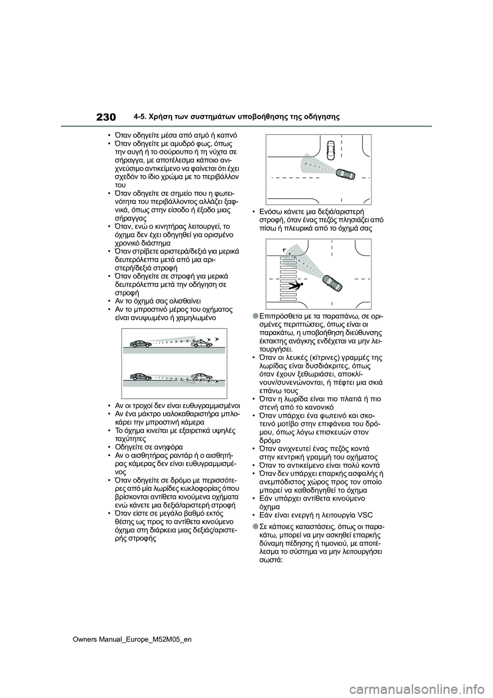 TOYOTA YARIS 2022 ΟΔΗΓΌΣ ΧΡΉΣΗΣ (in Greek) 230
Owners Manual_Europe_M52M05_en
4-5. Χρήση των συστημάτων υποβοήθησης της οδήγησης
•Όταν οδηγείτε μέσα από ατμό ή καπνό
•Ό TOYOTA YARIS 2022 ΟΔΗΓΌΣ ΧΡΉΣΗΣ (in Greek) 230
Owners Manual_Europe_M52M05_en
4-5. Χρήση των συστημάτων υποβοήθησης της οδήγησης
•Όταν οδηγείτε μέσα από ατμό ή καπνό
•Ό