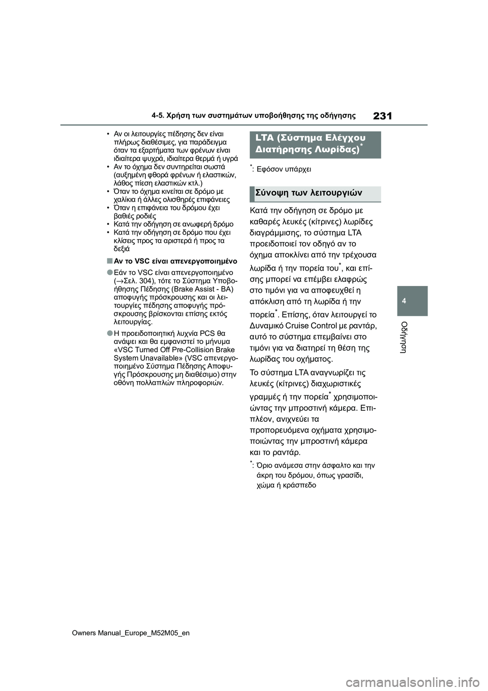TOYOTA YARIS 2022 ΟΔΗΓΌΣ ΧΡΉΣΗΣ (in Greek) 231
4
Owners Manual_Europe_M52M05_en
4-5. Χρήση των συστημάτων υποβοήθησης της οδήγησης
Οδήγηση
•Αν οι λειτουργίες πέδησης δεν TOYOTA YARIS 2022 ΟΔΗΓΌΣ ΧΡΉΣΗΣ (in Greek) 231
4
Owners Manual_Europe_M52M05_en
4-5. Χρήση των συστημάτων υποβοήθησης της οδήγησης
Οδήγηση
•Αν οι λειτουργίες πέδησης δεν