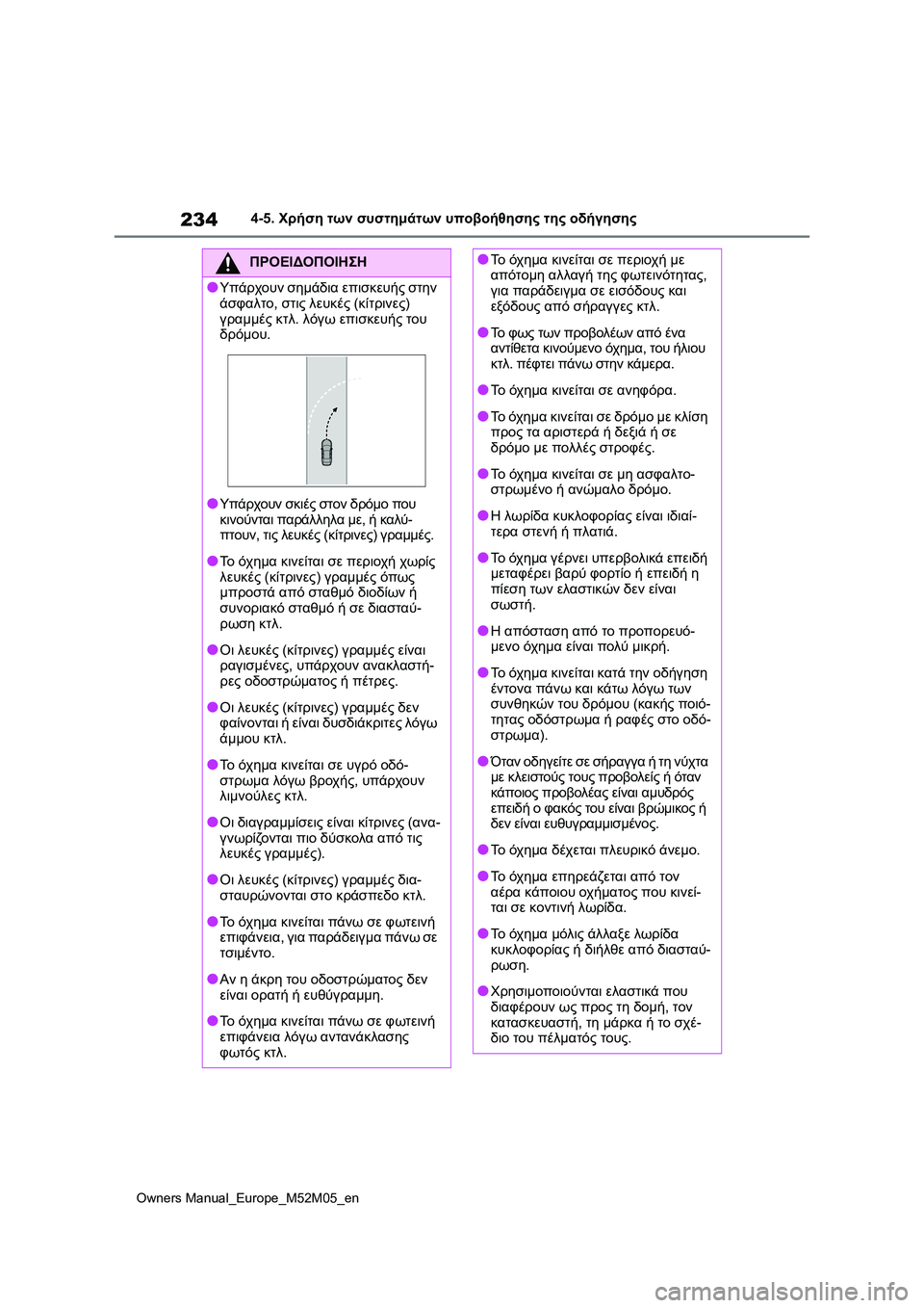 TOYOTA YARIS 2022 ΟΔΗΓΌΣ ΧΡΉΣΗΣ (in Greek) 234
Owners Manual_Europe_M52M05_en
4-5. Χρήση των συστημάτων υποβοήθησης της οδήγησης
ΠΡΟΕΙΔΟΠΟΙΗΣΗ
●Υπάρχουν σημάδια επισκε TOYOTA YARIS 2022 ΟΔΗΓΌΣ ΧΡΉΣΗΣ (in Greek) 234
Owners Manual_Europe_M52M05_en
4-5. Χρήση των συστημάτων υποβοήθησης της οδήγησης
ΠΡΟΕΙΔΟΠΟΙΗΣΗ
●Υπάρχουν σημάδια επισκε