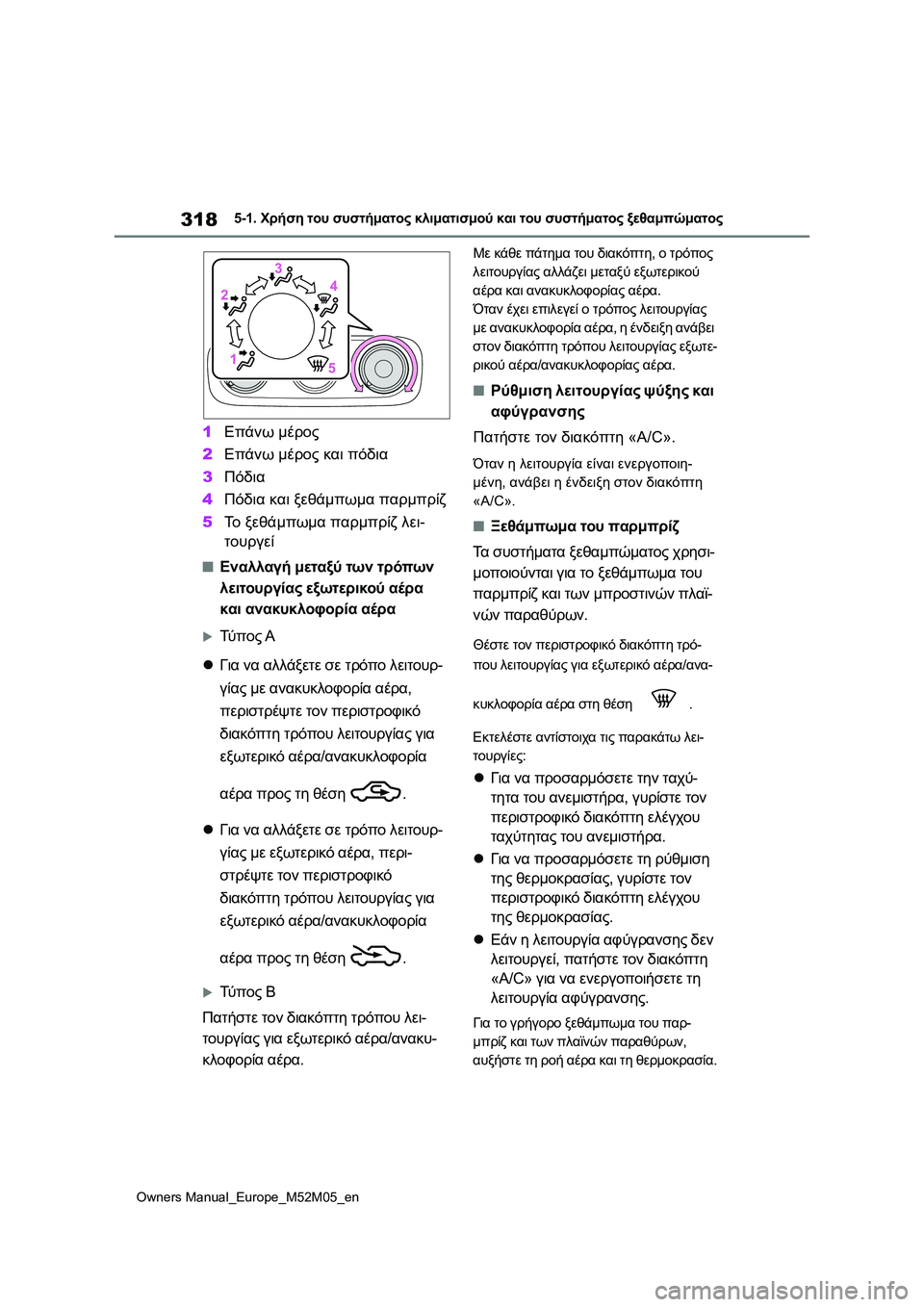 TOYOTA YARIS 2022  ΟΔΗΓΌΣ ΧΡΉΣΗΣ (in Greek) 318
Owners Manual_Europe_M52M05_en
5-1. Χρήση του συστήματος κλιματισμού και του συστήματος ξεθαμπώματος
1Επάνω μέρος
2Επάνω μ