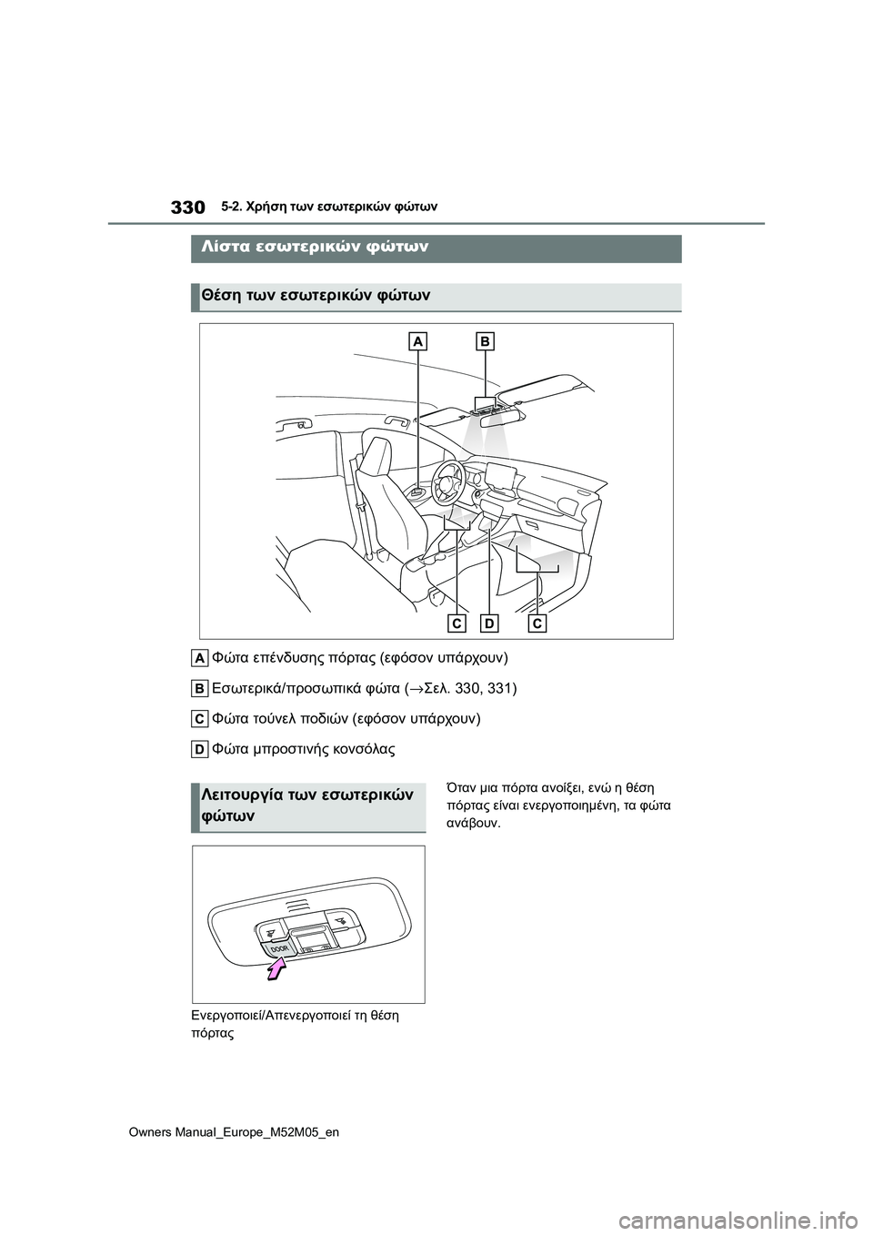 TOYOTA YARIS 2022  ΟΔΗΓΌΣ ΧΡΉΣΗΣ (in Greek) 330
Owners Manual_Europe_M52M05_en
5-2. Χρήση των εσωτερικών φώτων
5-2.Χρήση τω ν εσωτερικών φώτων
Φώτα επένδυσης πόρτας (εφόσον 