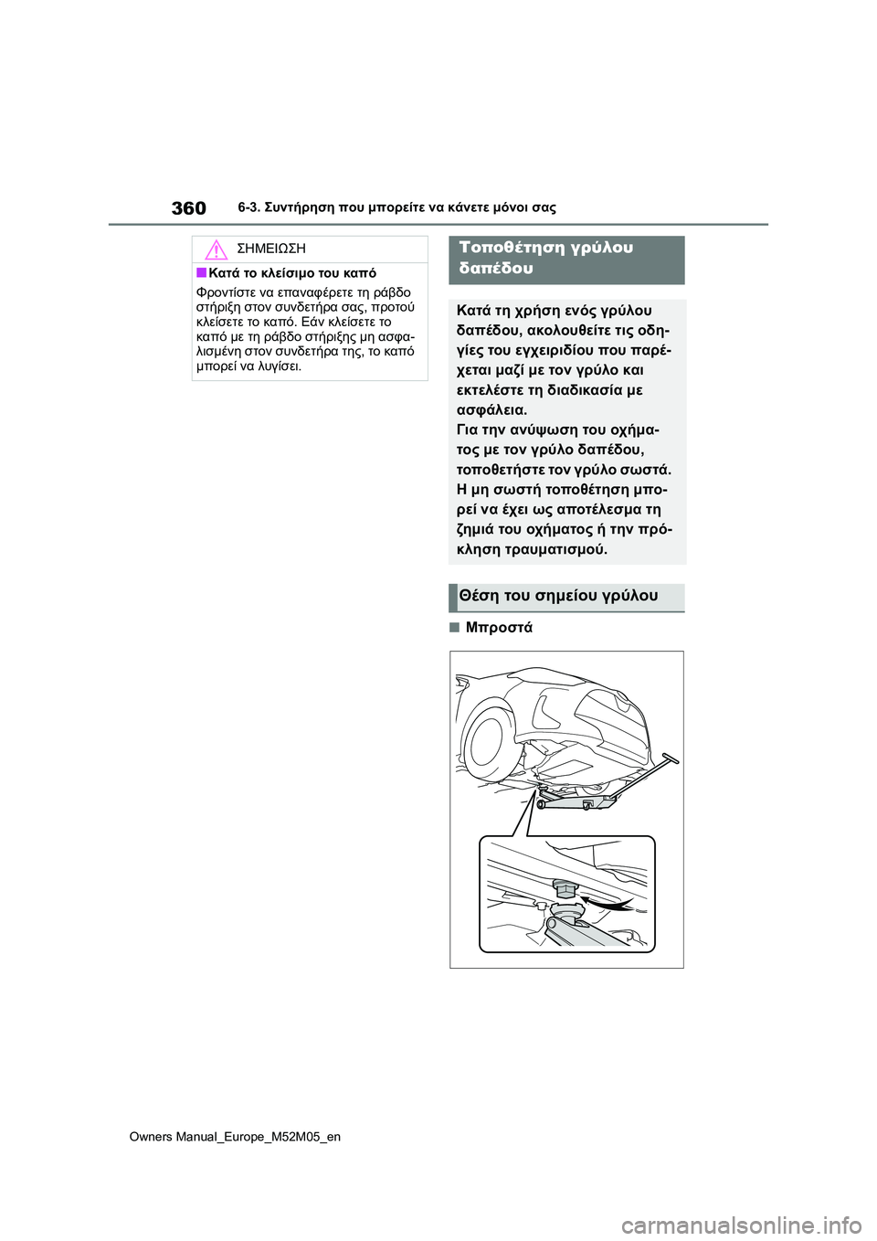 TOYOTA YARIS 2022  ΟΔΗΓΌΣ ΧΡΉΣΗΣ (in Greek) 360
Owners Manual_Europe_M52M05_en
6-3. Συντήρηση που μπορείτε να κάνετε μόνοι σας
■Μπροστά
ΣΗΜΕΙΩΣΗ
■Κατά το κλείσιμο του κα