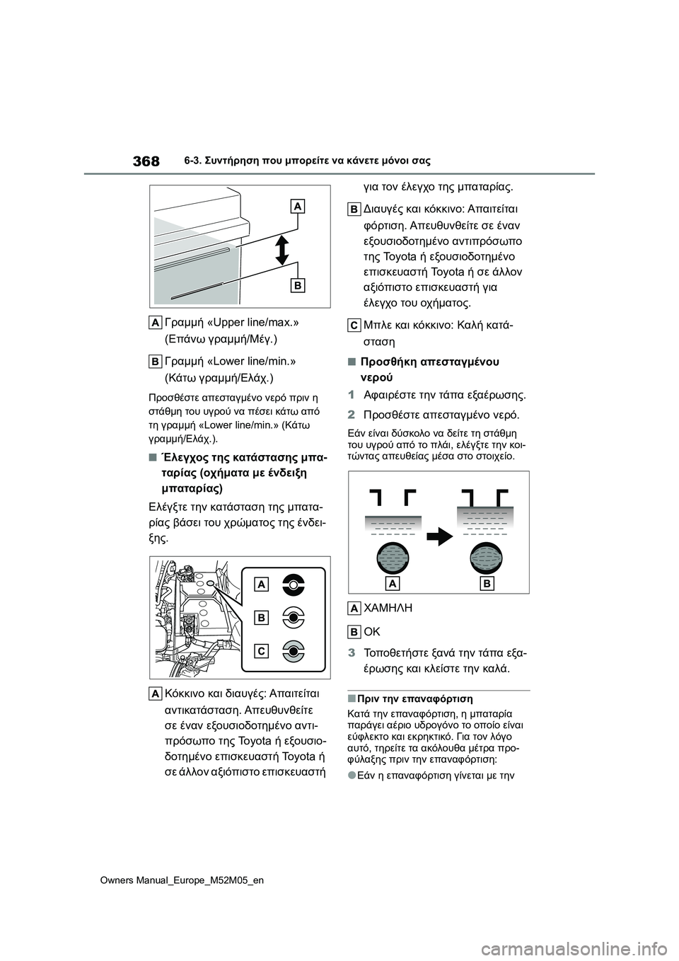 TOYOTA YARIS 2022  ΟΔΗΓΌΣ ΧΡΉΣΗΣ (in Greek) 368
Owners Manual_Europe_M52M05_en
6-3. Συντήρηση που μπορείτε να κάνετε μόνοι σας
Γραμμή «Upper line/max.» 
(Επάνω γραμμή/Μέγ.)
Γραμμή 