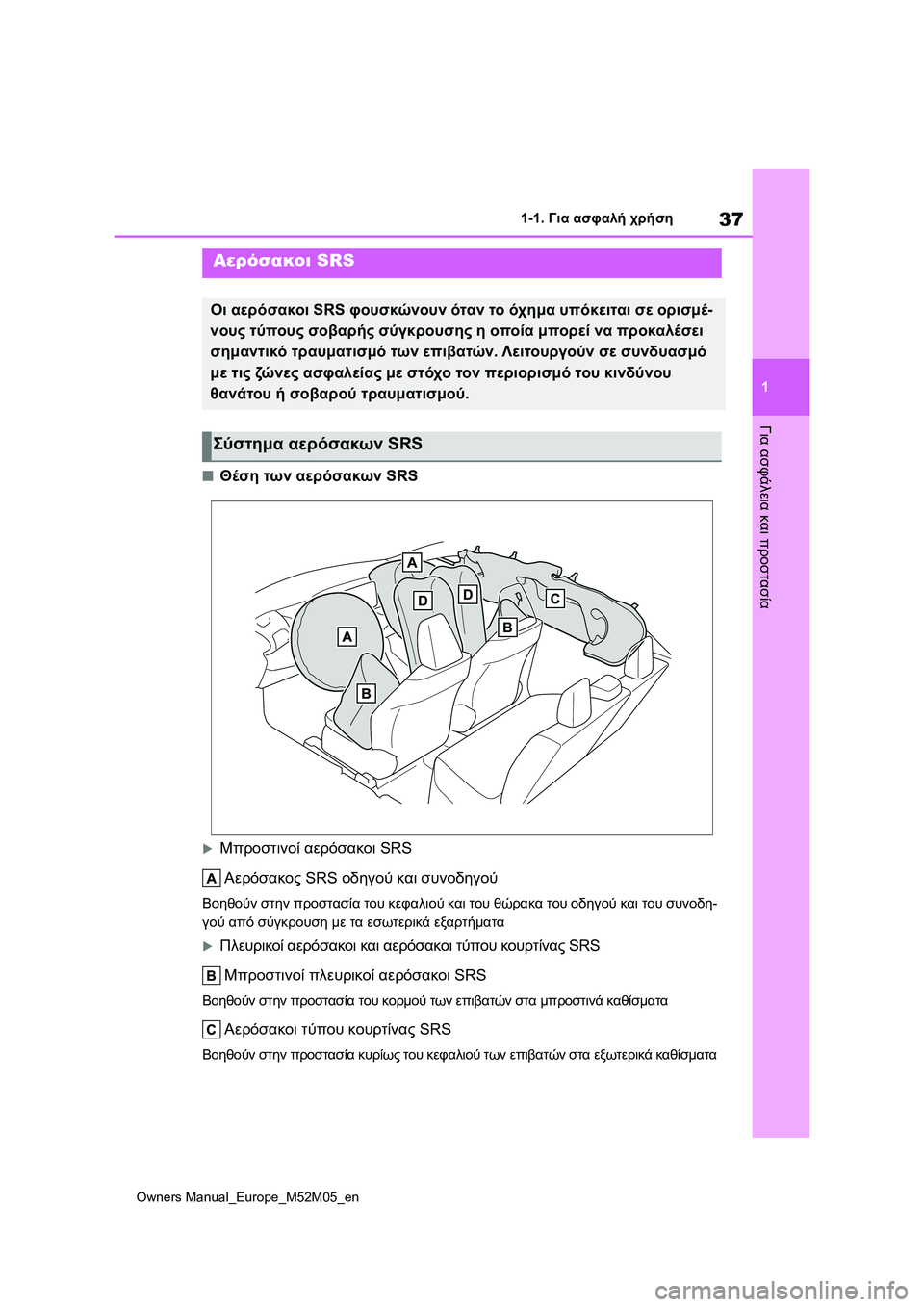 TOYOTA YARIS 2022 ΟΔΗΓΌΣ ΧΡΉΣΗΣ (in Greek) 37
1
Owners Manual_Europe_M52M05_en
1-1. Για ασφαλή χρήση
Για ασφάλεια και προστασία
■Θέση των αερόσακων SRS
Μπροστινοί αερόσα TOYOTA YARIS 2022 ΟΔΗΓΌΣ ΧΡΉΣΗΣ (in Greek) 37
1
Owners Manual_Europe_M52M05_en
1-1. Για ασφαλή χρήση
Για ασφάλεια και προστασία
■Θέση των αερόσακων SRS
Μπροστινοί αερόσα