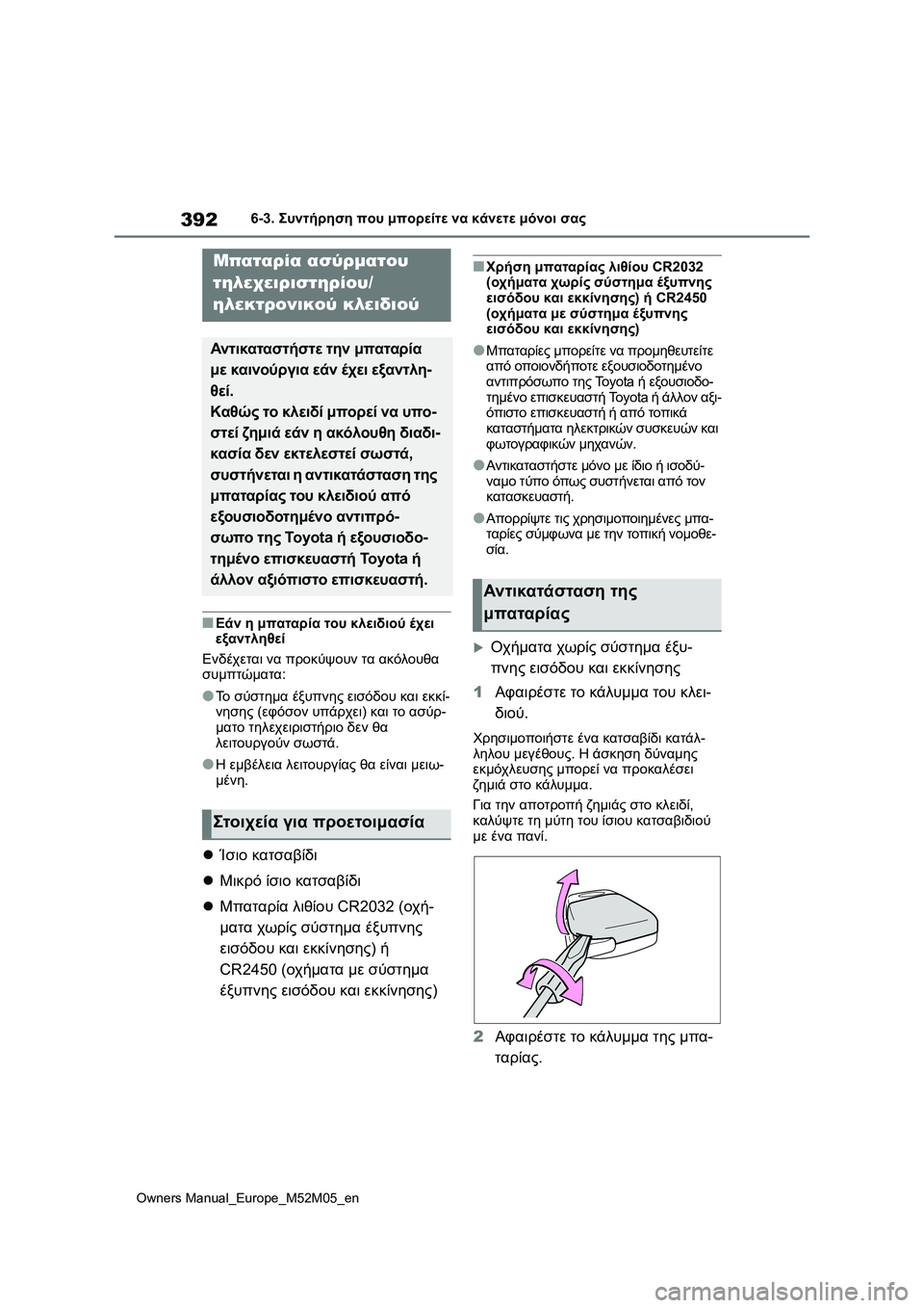 TOYOTA YARIS 2022 ΟΔΗΓΌΣ ΧΡΉΣΗΣ (in Greek) 392
Owners Manual_Europe_M52M05_en
6-3. Συντήρηση που μπορείτε να κάνετε μόνοι σας
■Εάν η μπαταρία του κλειδιού έχει
εξαντληθ TOYOTA YARIS 2022 ΟΔΗΓΌΣ ΧΡΉΣΗΣ (in Greek) 392
Owners Manual_Europe_M52M05_en
6-3. Συντήρηση που μπορείτε να κάνετε μόνοι σας
■Εάν η μπαταρία του κλειδιού έχει
εξαντληθ