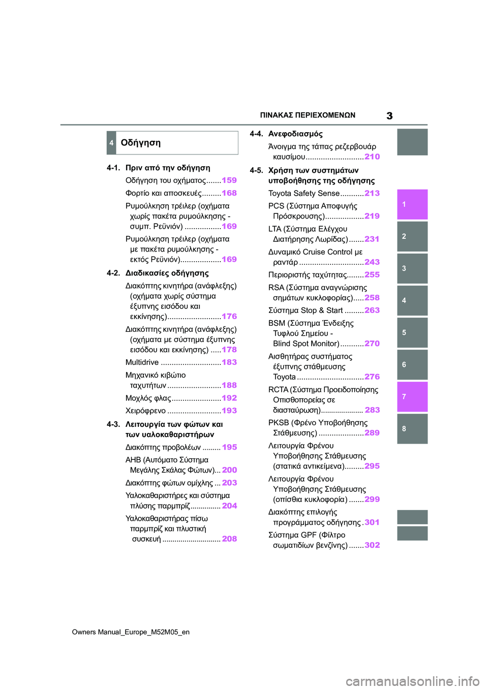 TOYOTA YARIS 2022 ΟΔΗΓΌΣ ΧΡΉΣΗΣ (in Greek) 3
Owners Manual_Europe_M52M05_en
ΠΙΝΑΚΑΣ ΠΕΡΙΕΧΟΜΕΝΩΝ
1
6 5
4
3
2
8
7
4-1.Πριν από την οδήγηση
Οδήγηση του οχήματος.......159
Φορτίο και TOYOTA YARIS 2022 ΟΔΗΓΌΣ ΧΡΉΣΗΣ (in Greek) 3
Owners Manual_Europe_M52M05_en
ΠΙΝΑΚΑΣ ΠΕΡΙΕΧΟΜΕΝΩΝ
1
6 5
4
3
2
8
7
4-1.Πριν από την οδήγηση
Οδήγηση του οχήματος.......159
Φορτίο και