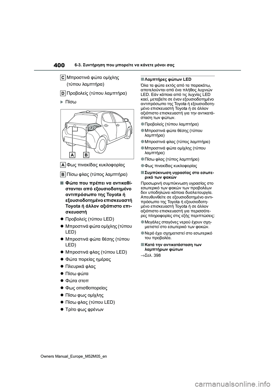 TOYOTA YARIS 2022 ΟΔΗΓΌΣ ΧΡΉΣΗΣ (in Greek) 400
Owners Manual_Europe_M52M05_en
6-3. Συντήρηση που μπορείτε να κάνετε μόνοι σας
Μπροστινά φώτα ομίχλης
(τύπου λαμπτήρα)
Προ TOYOTA YARIS 2022 ΟΔΗΓΌΣ ΧΡΉΣΗΣ (in Greek) 400
Owners Manual_Europe_M52M05_en
6-3. Συντήρηση που μπορείτε να κάνετε μόνοι σας
Μπροστινά φώτα ομίχλης
(τύπου λαμπτήρα)
Προ