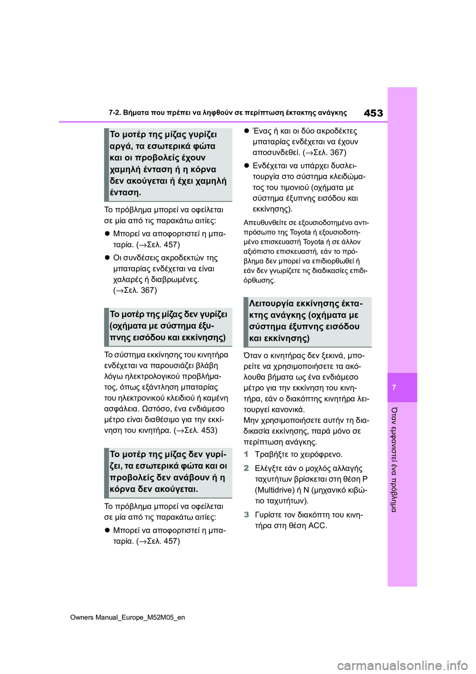 TOYOTA YARIS 2022  ΟΔΗΓΌΣ ΧΡΉΣΗΣ (in Greek) 453
7
Owners Manual_Europe_M52M05_en
7-2. Βήματα που πρέπει να ληφθούν σε περίπτωση έκτακτης ανάγκης
Όταν εμφανιστεί ένα πρόβλη