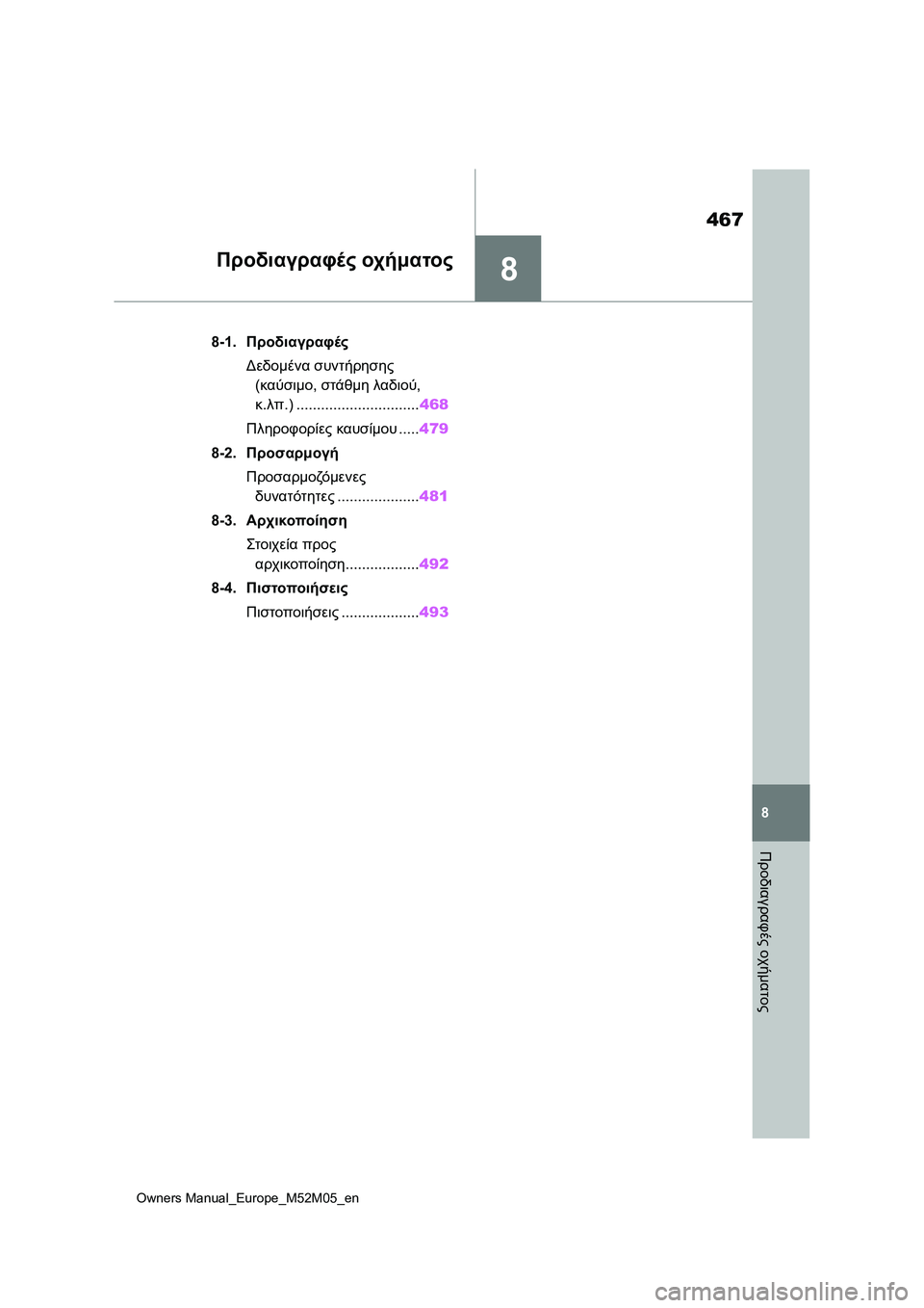 TOYOTA YARIS 2022 ΟΔΗΓΌΣ ΧΡΉΣΗΣ (in Greek) 8
467
Owners Manual_Europe_M52M05_en
8
Προδιαγραφές οχήματος
Προδιαγραφές οχήματος
8-1.Προδιαγραφές
Δεδομένα συντήρησης
(καύσ TOYOTA YARIS 2022 ΟΔΗΓΌΣ ΧΡΉΣΗΣ (in Greek) 8
467
Owners Manual_Europe_M52M05_en
8
Προδιαγραφές οχήματος
Προδιαγραφές οχήματος
8-1.Προδιαγραφές
Δεδομένα συντήρησης
(καύσ