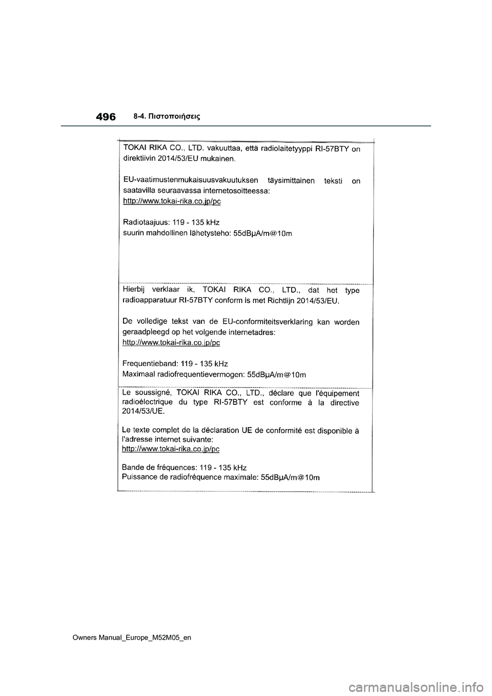 TOYOTA YARIS 2022  ΟΔΗΓΌΣ ΧΡΉΣΗΣ (in Greek) 496
Owners Manual_Europe_M52M05_en
8-4. Πιστοποιήσεις 