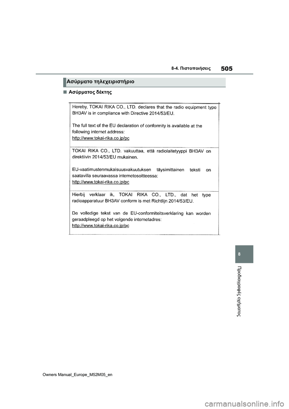 TOYOTA YARIS 2022  ΟΔΗΓΌΣ ΧΡΉΣΗΣ (in Greek) 505
8
Owners Manual_Europe_M52M05_en
8-4. Πιστοποιήσεις
Προδιαγραφές οχήματος
■Ασύρματος δέκτης
Ασύρματο τηλεχειριστήριο 