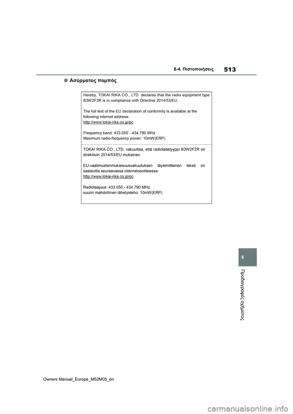 TOYOTA YARIS 2022 ΟΔΗΓΌΣ ΧΡΉΣΗΣ (in Greek) 513
8
Owners Manual_Europe_M52M05_en
8-4. Πιστοποιήσεις
Προδιαγραφές οχήματος
■Ασύρματος πομπός TOYOTA YARIS 2022 ΟΔΗΓΌΣ ΧΡΉΣΗΣ (in Greek) 513
8
Owners Manual_Europe_M52M05_en
8-4. Πιστοποιήσεις
Προδιαγραφές οχήματος
■Ασύρματος πομπός