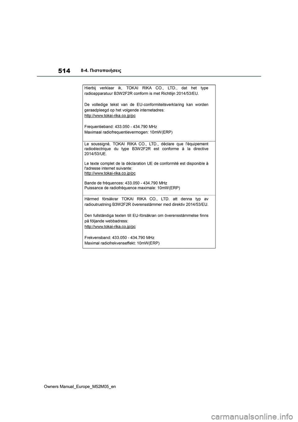 TOYOTA YARIS 2022 ΟΔΗΓΌΣ ΧΡΉΣΗΣ (in Greek) 514
Owners Manual_Europe_M52M05_en
8-4. Πιστοποιήσεις TOYOTA YARIS 2022 ΟΔΗΓΌΣ ΧΡΉΣΗΣ (in Greek) 514
Owners Manual_Europe_M52M05_en
8-4. Πιστοποιήσεις