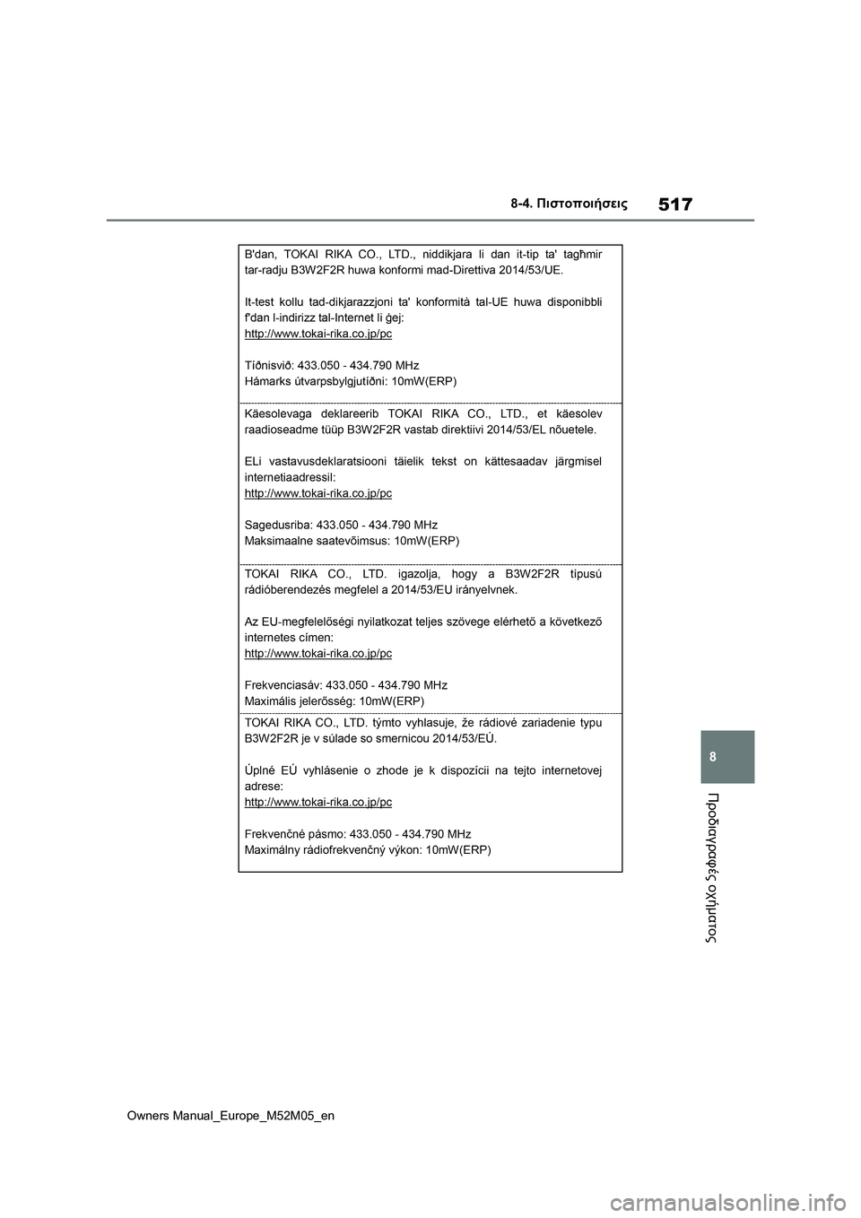 TOYOTA YARIS 2022 ΟΔΗΓΌΣ ΧΡΉΣΗΣ (in Greek) 517
8
Owners Manual_Europe_M52M05_en
8-4. Πιστοποιήσεις
Προδιαγραφές οχήματος TOYOTA YARIS 2022 ΟΔΗΓΌΣ ΧΡΉΣΗΣ (in Greek) 517
8
Owners Manual_Europe_M52M05_en
8-4. Πιστοποιήσεις
Προδιαγραφές οχήματος