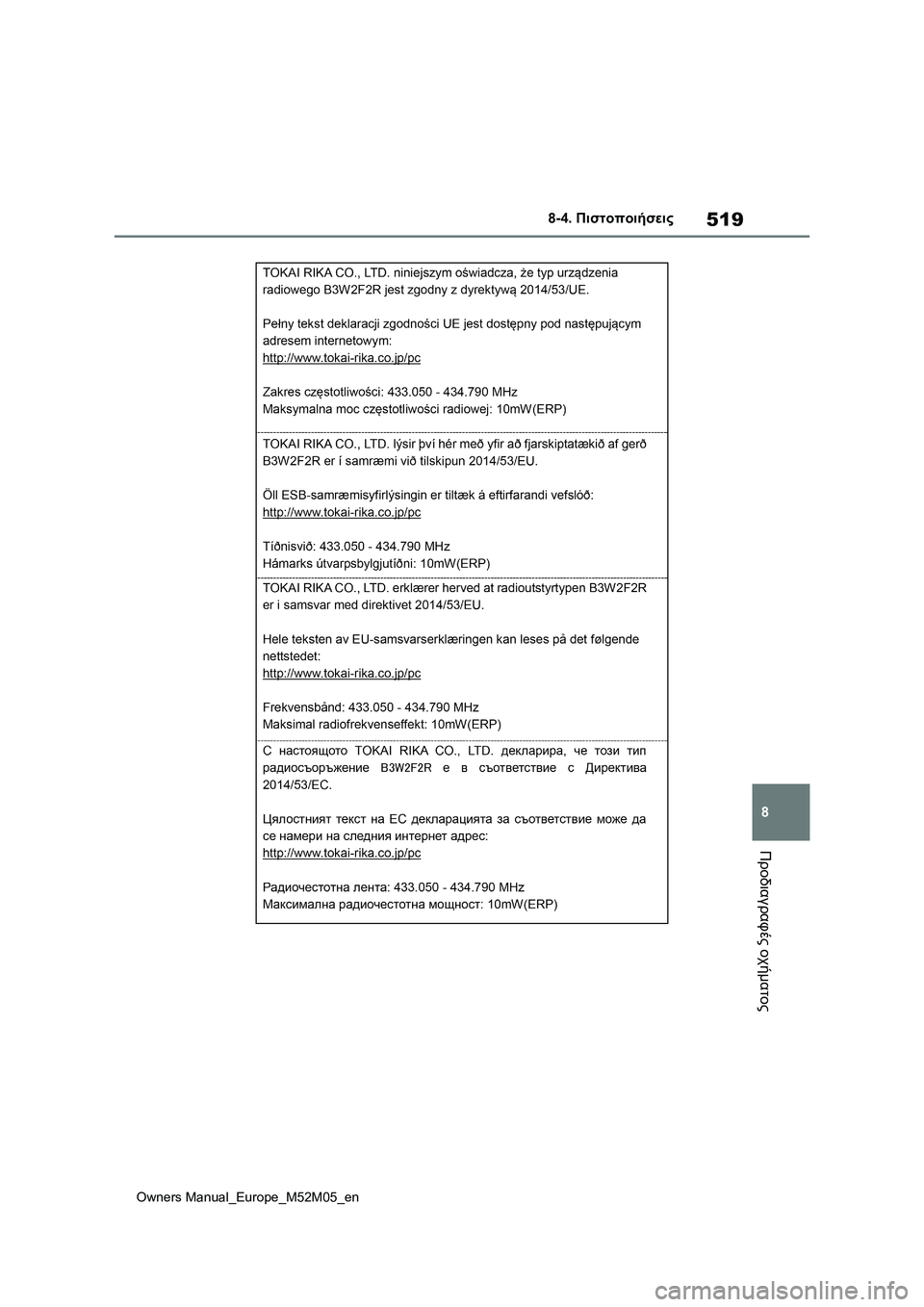 TOYOTA YARIS 2022  ΟΔΗΓΌΣ ΧΡΉΣΗΣ (in Greek) 519
8
Owners Manual_Europe_M52M05_en
8-4. Πιστοποιήσεις
Προδιαγραφές οχήματος 