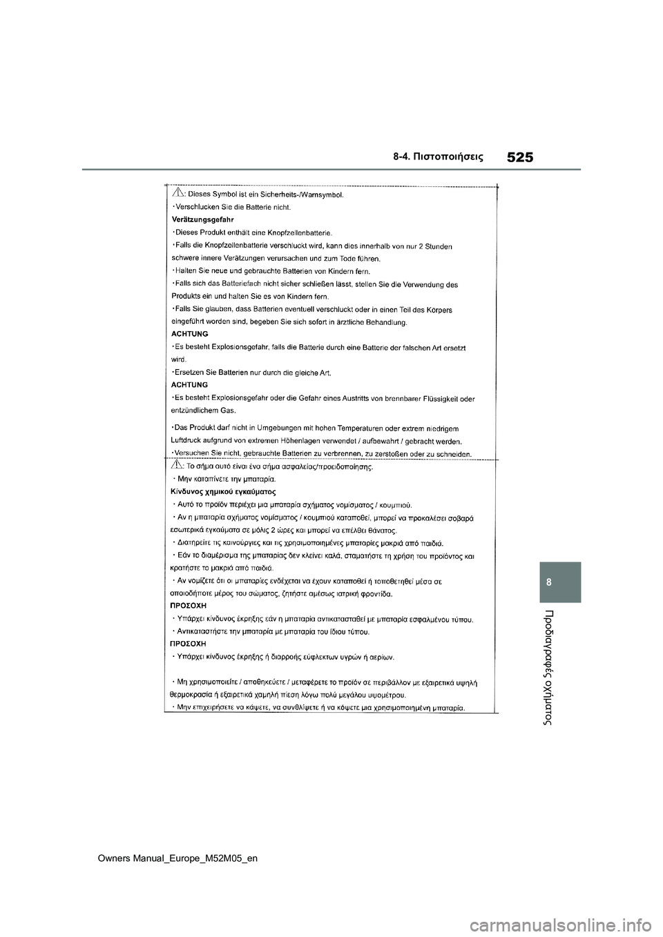 TOYOTA YARIS 2022  ΟΔΗΓΌΣ ΧΡΉΣΗΣ (in Greek) 525
8
Owners Manual_Europe_M52M05_en
8-4. Πιστοποιήσεις
Προδιαγραφές οχήματος 