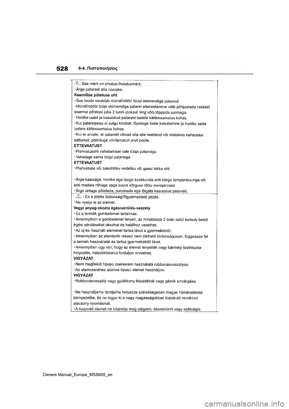 TOYOTA YARIS 2022  ΟΔΗΓΌΣ ΧΡΉΣΗΣ (in Greek) 528
Owners Manual_Europe_M52M05_en
8-4. Πιστοποιήσεις 