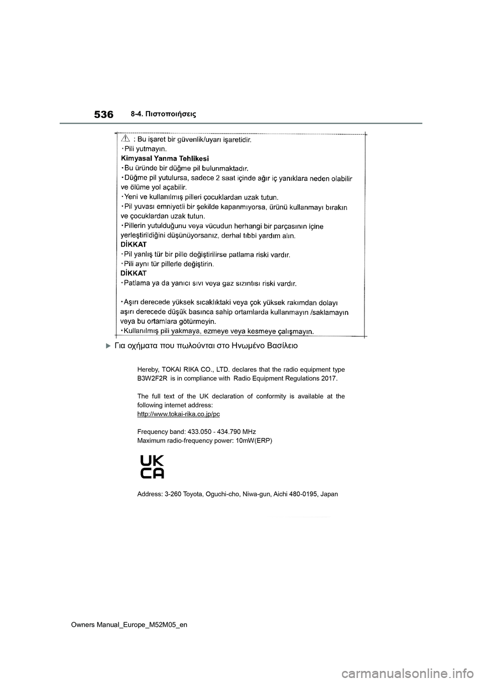TOYOTA YARIS 2022 ΟΔΗΓΌΣ ΧΡΉΣΗΣ (in Greek) 536
Owners Manual_Europe_M52M05_en
8-4. Πιστοποιήσεις
Για οχήματα που πωλούνται στο Ηνωμένο Βασίλειο TOYOTA YARIS 2022 ΟΔΗΓΌΣ ΧΡΉΣΗΣ (in Greek) 536
Owners Manual_Europe_M52M05_en
8-4. Πιστοποιήσεις
Για οχήματα που πωλούνται στο Ηνωμένο Βασίλειο