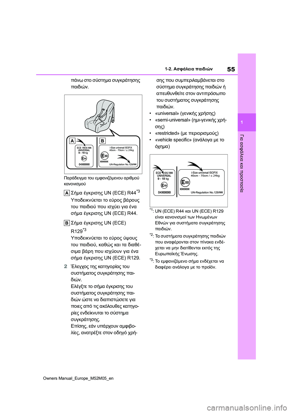 TOYOTA YARIS 2022 ΟΔΗΓΌΣ ΧΡΉΣΗΣ (in Greek) 55
1
Owners Manual_Europe_M52M05_en
1-2. Ασφάλεια παιδιών
Για ασφάλεια και προστασία
πάνω στο σύστημα συγκράτησης
παιδιών.
Παρ TOYOTA YARIS 2022 ΟΔΗΓΌΣ ΧΡΉΣΗΣ (in Greek) 55
1
Owners Manual_Europe_M52M05_en
1-2. Ασφάλεια παιδιών
Για ασφάλεια και προστασία
πάνω στο σύστημα συγκράτησης
παιδιών.
Παρ
