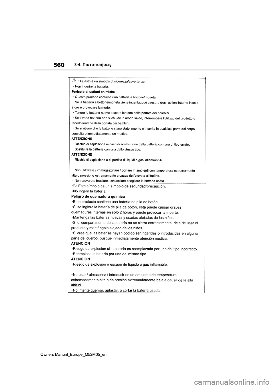TOYOTA YARIS 2022 ΟΔΗΓΌΣ ΧΡΉΣΗΣ (in Greek) 560
Owners Manual_Europe_M52M05_en
8-4. Πιστοποιήσεις TOYOTA YARIS 2022 ΟΔΗΓΌΣ ΧΡΉΣΗΣ (in Greek) 560
Owners Manual_Europe_M52M05_en
8-4. Πιστοποιήσεις
