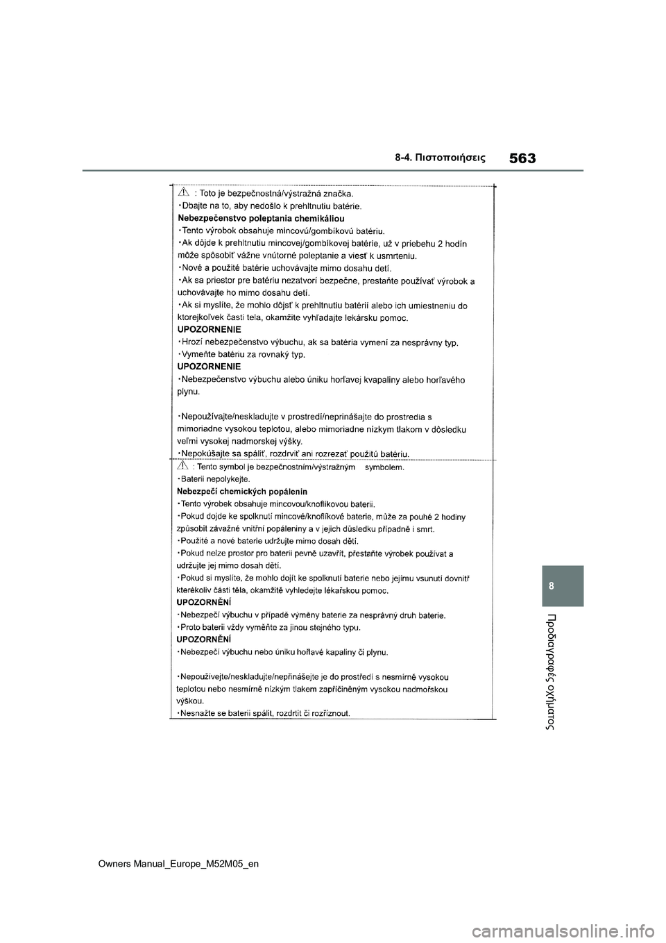 TOYOTA YARIS 2022 ΟΔΗΓΌΣ ΧΡΉΣΗΣ (in Greek) 563
8
Owners Manual_Europe_M52M05_en
8-4. Πιστοποιήσεις
Προδιαγραφές οχήματος TOYOTA YARIS 2022 ΟΔΗΓΌΣ ΧΡΉΣΗΣ (in Greek) 563
8
Owners Manual_Europe_M52M05_en
8-4. Πιστοποιήσεις
Προδιαγραφές οχήματος