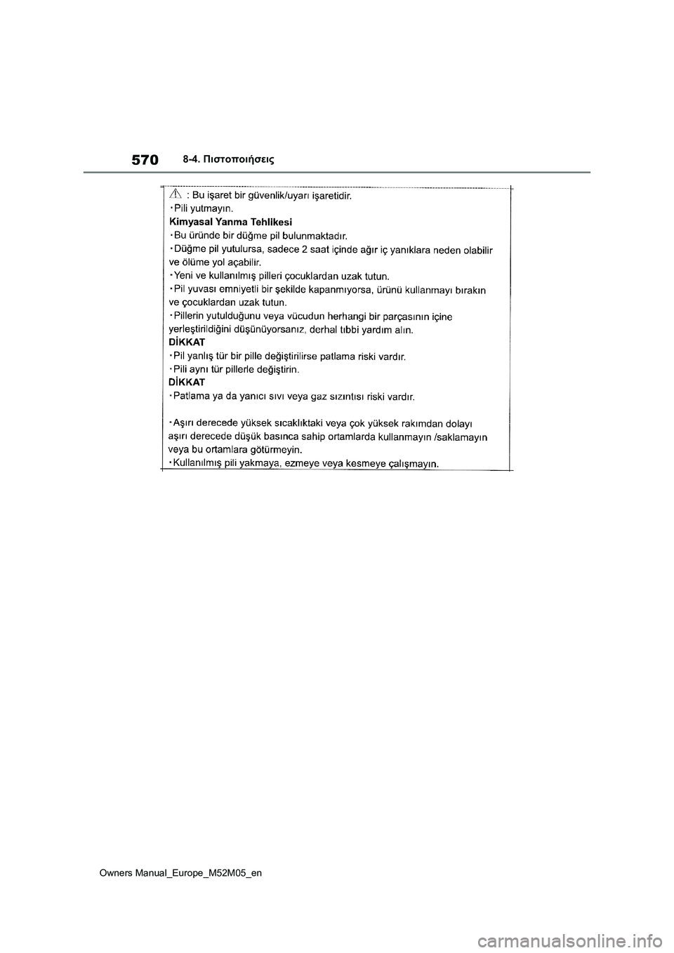 TOYOTA YARIS 2022 ΟΔΗΓΌΣ ΧΡΉΣΗΣ (in Greek) 570
Owners Manual_Europe_M52M05_en
8-4. Πιστοποιήσεις TOYOTA YARIS 2022 ΟΔΗΓΌΣ ΧΡΉΣΗΣ (in Greek) 570
Owners Manual_Europe_M52M05_en
8-4. Πιστοποιήσεις