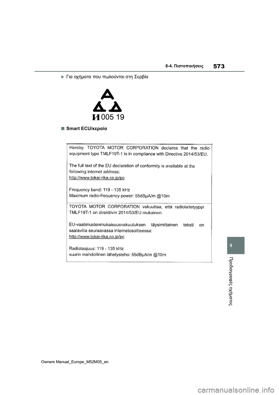 TOYOTA YARIS 2022 ΟΔΗΓΌΣ ΧΡΉΣΗΣ (in Greek) 573
8
Owners Manual_Europe_M52M05_en
8-4. Πιστοποιήσεις
Προδιαγραφές οχήματος
Για οχήματα που πωλούνται στη Σερβία
■Smart ECU/κε TOYOTA YARIS 2022 ΟΔΗΓΌΣ ΧΡΉΣΗΣ (in Greek) 573
8
Owners Manual_Europe_M52M05_en
8-4. Πιστοποιήσεις
Προδιαγραφές οχήματος
Για οχήματα που πωλούνται στη Σερβία
■Smart ECU/κε