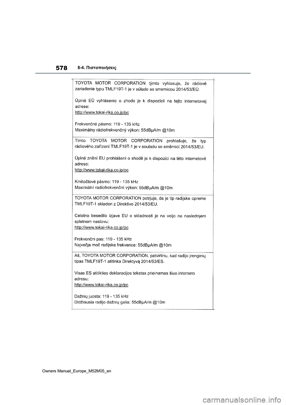 TOYOTA YARIS 2022 ΟΔΗΓΌΣ ΧΡΉΣΗΣ (in Greek) 578
Owners Manual_Europe_M52M05_en
8-4. Πιστοποιήσεις TOYOTA YARIS 2022 ΟΔΗΓΌΣ ΧΡΉΣΗΣ (in Greek) 578
Owners Manual_Europe_M52M05_en
8-4. Πιστοποιήσεις