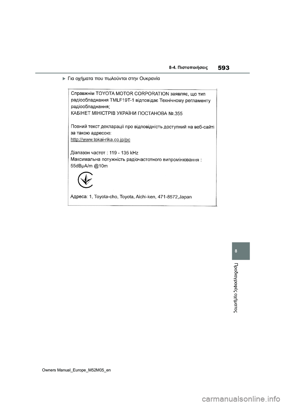 TOYOTA YARIS 2022 ΟΔΗΓΌΣ ΧΡΉΣΗΣ (in Greek) 593
8
Owners Manual_Europe_M52M05_en
8-4. Πιστοποιήσεις
Προδιαγραφές οχήματος
Για οχήματα που πωλούνται στην Ουκρανία TOYOTA YARIS 2022 ΟΔΗΓΌΣ ΧΡΉΣΗΣ (in Greek) 593
8
Owners Manual_Europe_M52M05_en
8-4. Πιστοποιήσεις
Προδιαγραφές οχήματος
Για οχήματα που πωλούνται στην Ουκρανία
