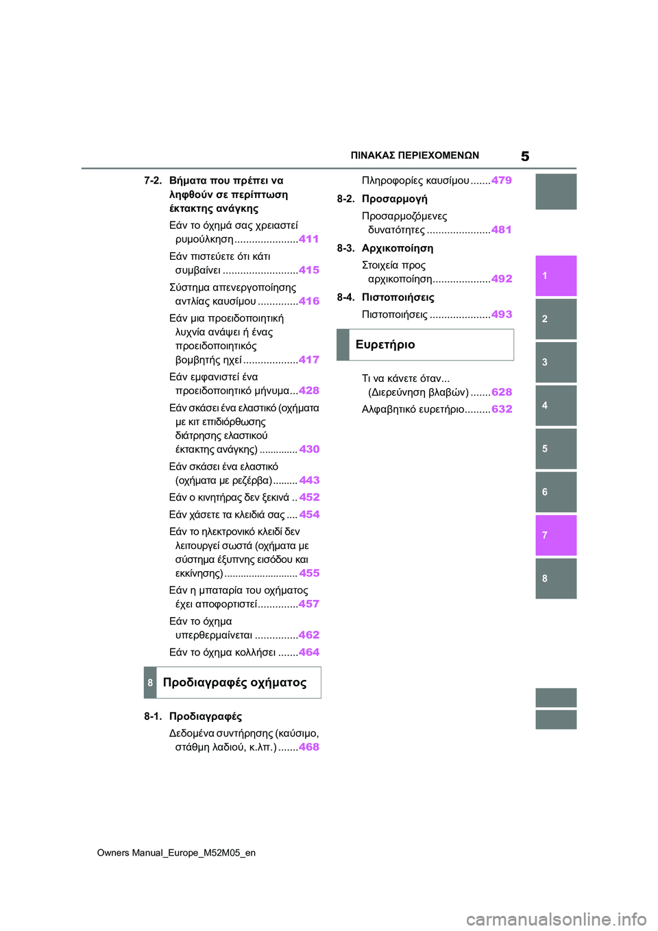 TOYOTA YARIS 2022  ΟΔΗΓΌΣ ΧΡΉΣΗΣ (in Greek) 5
Owners Manual_Europe_M52M05_en
ΠΙΝΑΚΑΣ ΠΕΡΙΕΧΟΜΕΝΩΝ
1
6 5
4
3
2
8
7
7-2.Βήματα που πρέπει να 
ληφθούν σε περίπτωση 
έκτακτης ανάγκ�