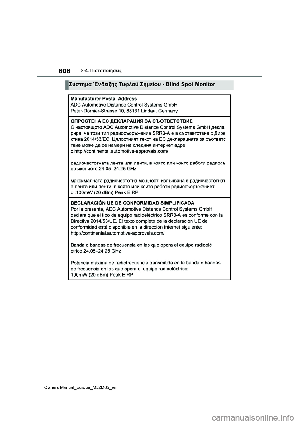TOYOTA YARIS 2022 ΟΔΗΓΌΣ ΧΡΉΣΗΣ (in Greek) 606
Owners Manual_Europe_M52M05_en
8-4. Πιστοποιήσεις
Σύστημα Ένδειξης Τυ φ λ ο ύ Σημείου - Blind Spot Monitor TOYOTA YARIS 2022 ΟΔΗΓΌΣ ΧΡΉΣΗΣ (in Greek) 606
Owners Manual_Europe_M52M05_en
8-4. Πιστοποιήσεις
Σύστημα Ένδειξης Τυ φ λ ο ύ Σημείου - Blind Spot Monitor