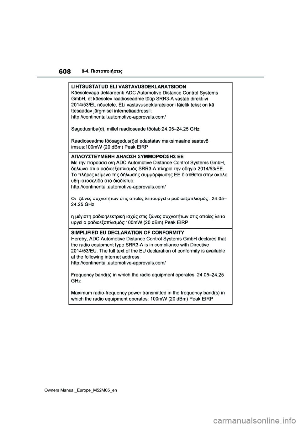 TOYOTA YARIS 2022 ΟΔΗΓΌΣ ΧΡΉΣΗΣ (in Greek) 608
Owners Manual_Europe_M52M05_en
8-4. Πιστοποιήσεις TOYOTA YARIS 2022 ΟΔΗΓΌΣ ΧΡΉΣΗΣ (in Greek) 608
Owners Manual_Europe_M52M05_en
8-4. Πιστοποιήσεις