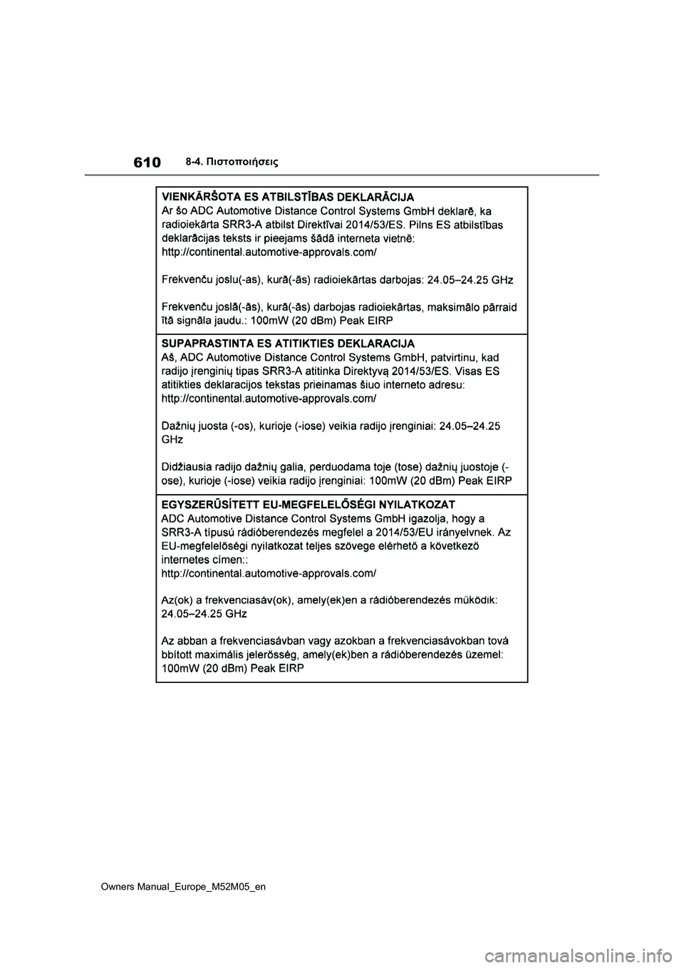 TOYOTA YARIS 2022 ΟΔΗΓΌΣ ΧΡΉΣΗΣ (in Greek) 610
Owners Manual_Europe_M52M05_en
8-4. Πιστοποιήσεις TOYOTA YARIS 2022 ΟΔΗΓΌΣ ΧΡΉΣΗΣ (in Greek) 610
Owners Manual_Europe_M52M05_en
8-4. Πιστοποιήσεις