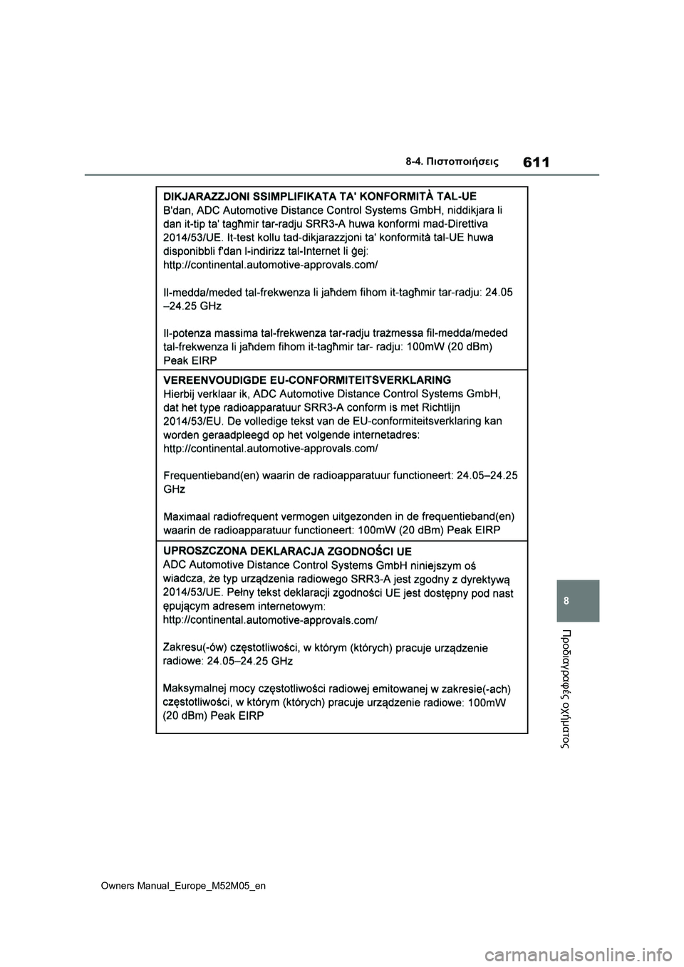 TOYOTA YARIS 2022 ΟΔΗΓΌΣ ΧΡΉΣΗΣ (in Greek) 611
8
Owners Manual_Europe_M52M05_en
8-4. Πιστοποιήσεις
Προδιαγραφές οχήματος TOYOTA YARIS 2022 ΟΔΗΓΌΣ ΧΡΉΣΗΣ (in Greek) 611
8
Owners Manual_Europe_M52M05_en
8-4. Πιστοποιήσεις
Προδιαγραφές οχήματος