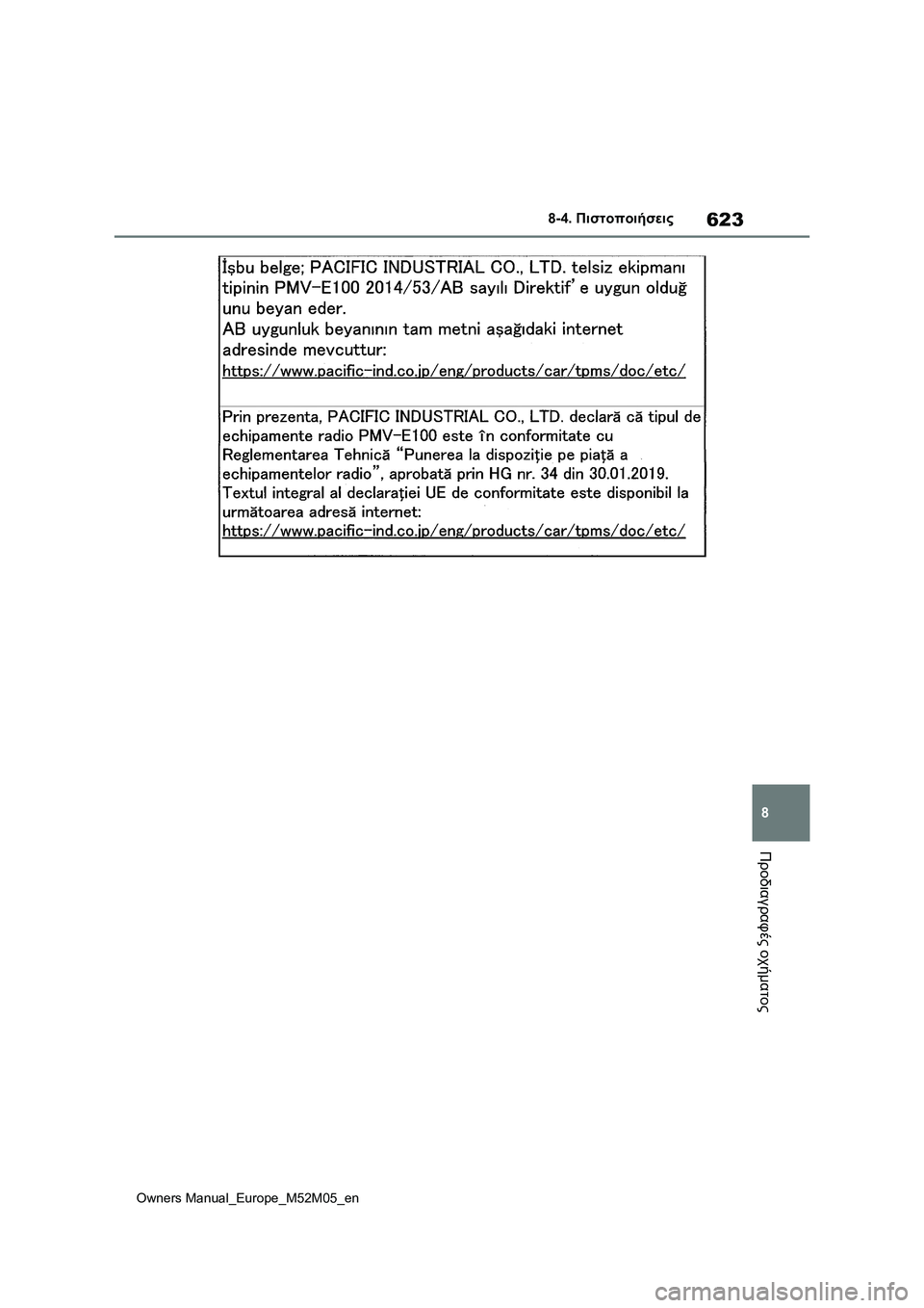 TOYOTA YARIS 2022  ΟΔΗΓΌΣ ΧΡΉΣΗΣ (in Greek) 623
8
Owners Manual_Europe_M52M05_en
8-4. Πιστοποιήσεις
Προδιαγραφές οχήματος 