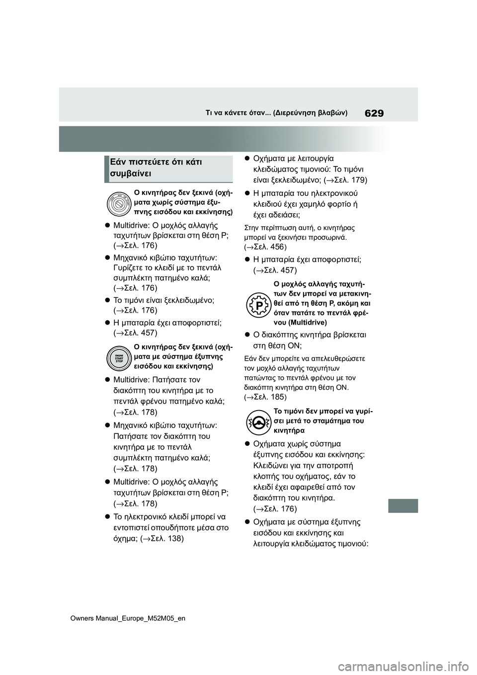 TOYOTA YARIS 2022 ΟΔΗΓΌΣ ΧΡΉΣΗΣ (in Greek) 629
Owners Manual_Europe_M52M05_en
Τι να κάνετε όταν... (Διερεύνηση βλαβών)
Multidrive: Ο μοχλός αλλαγής
ταχυτήτων βρίσκεται στη θ TOYOTA YARIS 2022 ΟΔΗΓΌΣ ΧΡΉΣΗΣ (in Greek) 629
Owners Manual_Europe_M52M05_en
Τι να κάνετε όταν... (Διερεύνηση βλαβών)
Multidrive: Ο μοχλός αλλαγής
ταχυτήτων βρίσκεται στη θ