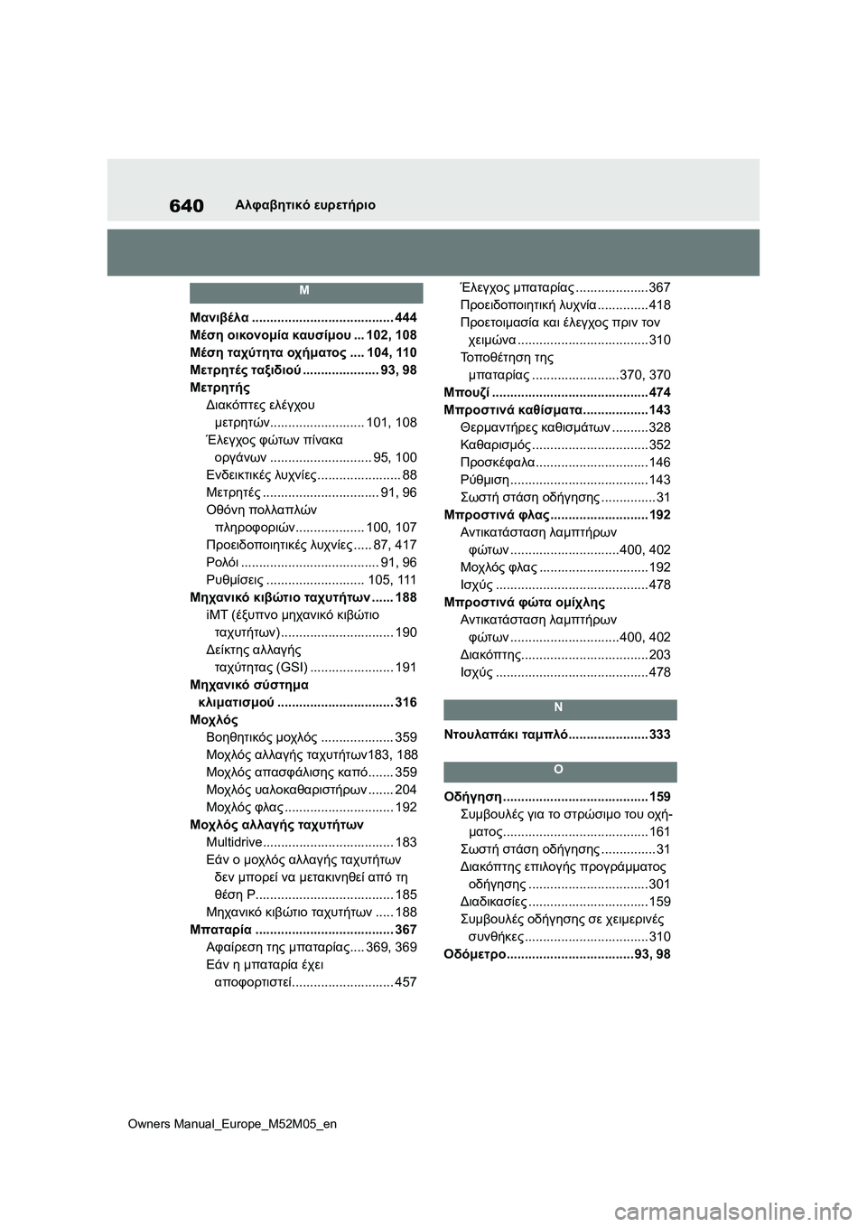 TOYOTA YARIS 2022  ΟΔΗΓΌΣ ΧΡΉΣΗΣ (in Greek) 640
Owners Manual_Europe_M52M05_en
Αλφαβητικό ευρετήριο
Μ
Μανιβέλα....................................... 444
Μέση οικονομία καυσίμου... 102, 108
Μέ�