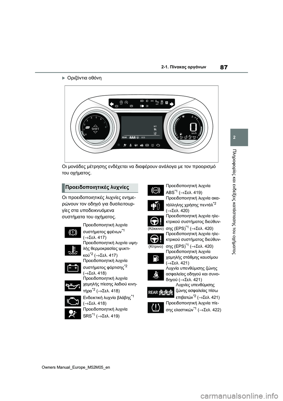 TOYOTA YARIS 2022 ΟΔΗΓΌΣ ΧΡΉΣΗΣ (in Greek) 87
2
Owners Manual_Europe_M52M05_en
2-1. Πίνακας οργάνων
Πληροφορίες και ενδείξεις κατάστασης του οχήματος
Οριζόντια οθόνη
Ο TOYOTA YARIS 2022 ΟΔΗΓΌΣ ΧΡΉΣΗΣ (in Greek) 87
2
Owners Manual_Europe_M52M05_en
2-1. Πίνακας οργάνων
Πληροφορίες και ενδείξεις κατάστασης του οχήματος
Οριζόντια οθόνη
Ο