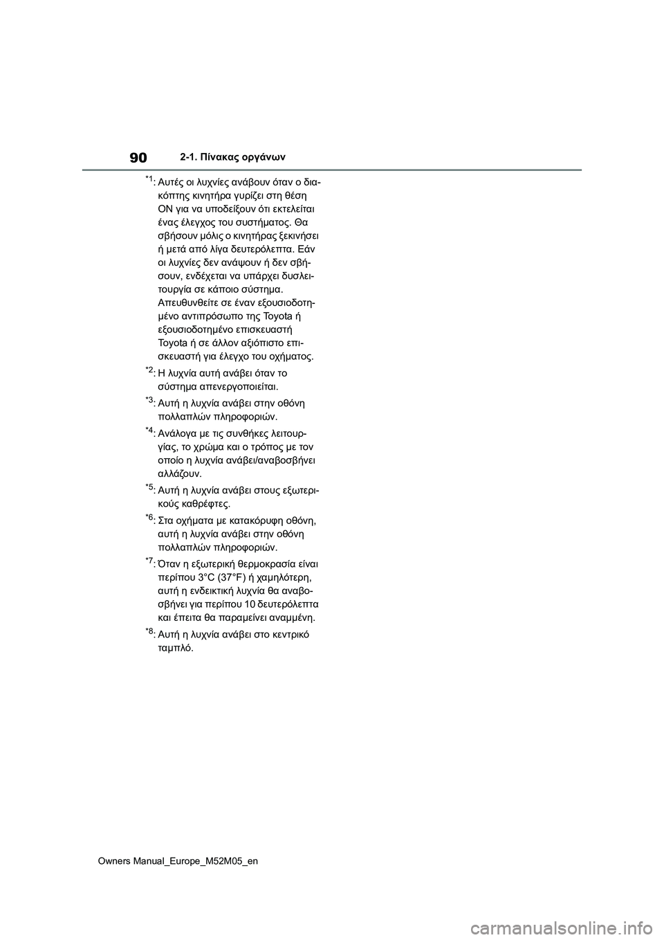 TOYOTA YARIS 2022 ΟΔΗΓΌΣ ΧΡΉΣΗΣ (in Greek) 90
Owners Manual_Europe_M52M05_en
2-1. Πίνακας οργάνων
*1:Αυτές οι λυχνίες ανάβουν όταν ο δια-
κόπτης κινητήρα γυρίζει στη θέση
TOYOTA YARIS 2022 ΟΔΗΓΌΣ ΧΡΉΣΗΣ (in Greek) 90
Owners Manual_Europe_M52M05_en
2-1. Πίνακας οργάνων
*1:Αυτές οι λυχνίες ανάβουν όταν ο δια-
κόπτης κινητήρα γυρίζει στη θέση
