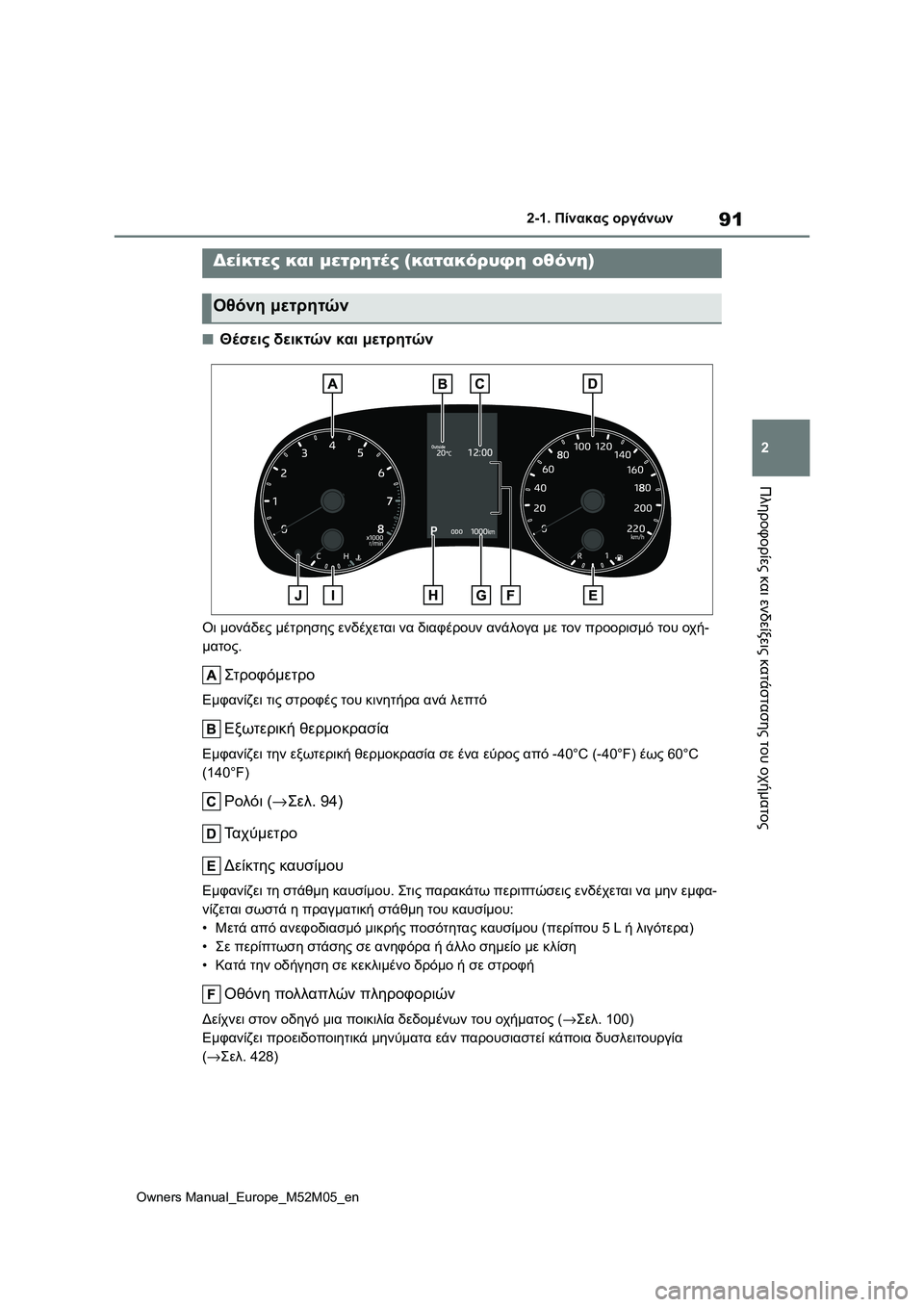 TOYOTA YARIS 2022 ΟΔΗΓΌΣ ΧΡΉΣΗΣ (in Greek) 91
2
Owners Manual_Europe_M52M05_en
2-1. Πίνακας οργάνων
Πληροφορίες και ενδείξεις κατάστασης του οχήματος
■Θέσεις δεικτών κα TOYOTA YARIS 2022 ΟΔΗΓΌΣ ΧΡΉΣΗΣ (in Greek) 91
2
Owners Manual_Europe_M52M05_en
2-1. Πίνακας οργάνων
Πληροφορίες και ενδείξεις κατάστασης του οχήματος
■Θέσεις δεικτών κα