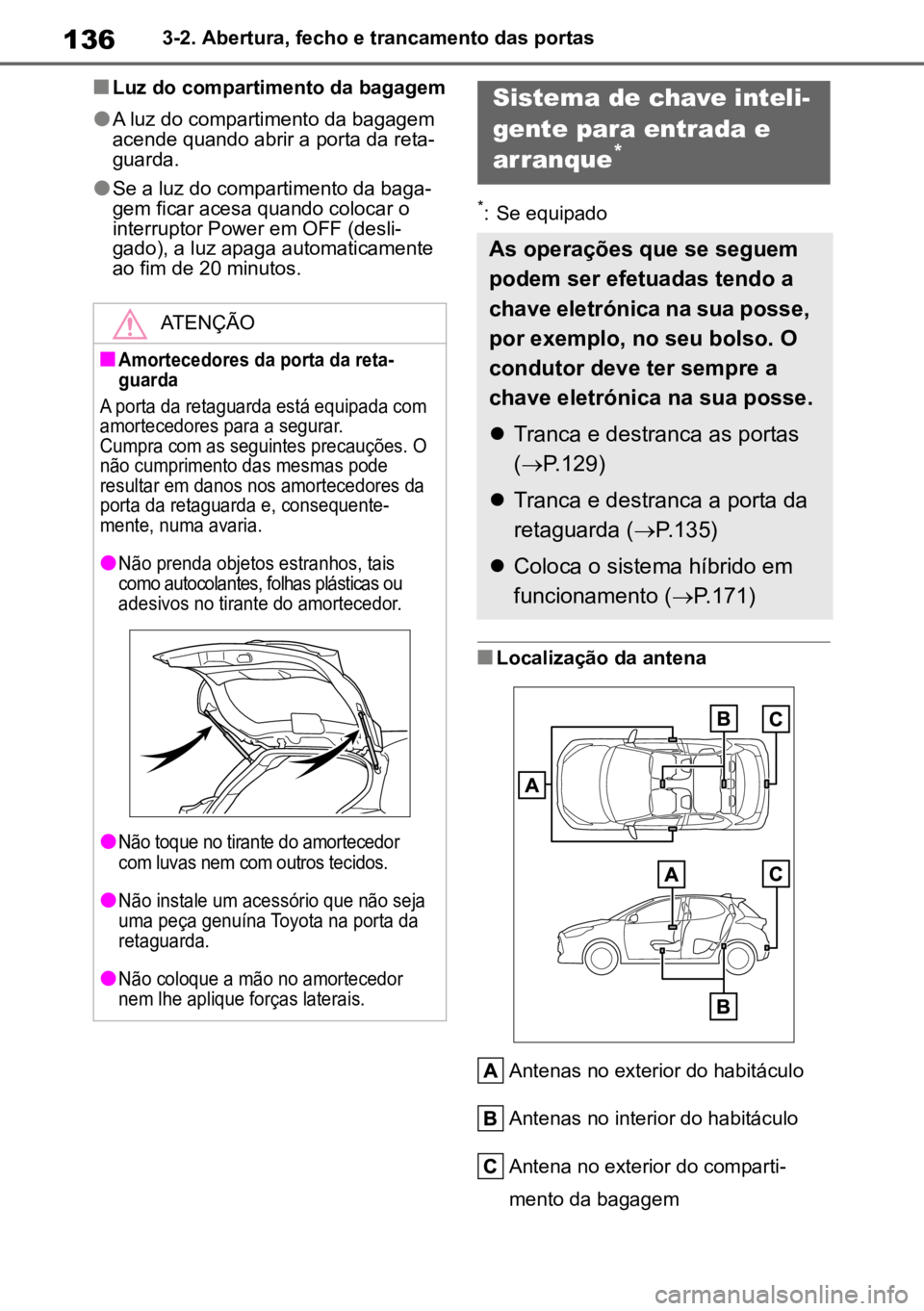 TOYOTA YARIS 2022  Manual de utilização (in Portuguese) 1363-2. Abertura, fecho e trancamento das portas
nLuz do compartimento da bagagem
lA luz do compartimento da bagagem 
acende quando abrir a porta da reta -
guarda.
lSe a luz do compartimento da baga -