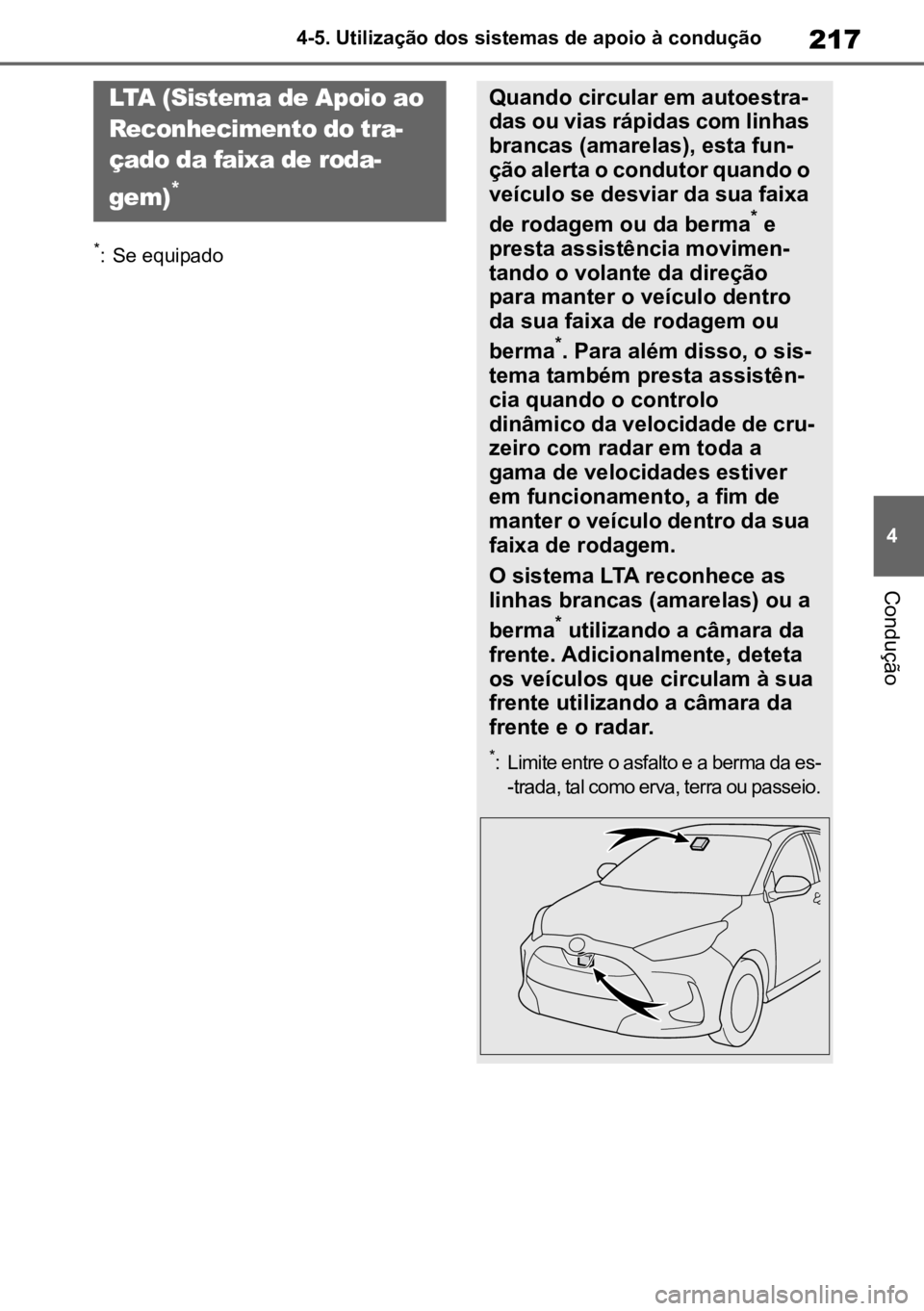 TOYOTA YARIS 2022  Manual de utilização (in Portuguese) 217
4
4-5. Utilização dos sistemas de apoio à condução
Condução
*: Se equipado

LTA (Sistema de Apoio ao 
Reconhecimento do tra -
çado da faixa de roda -
gem)
*

Quando circular em autoestra-
