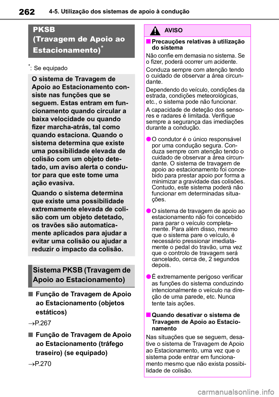 TOYOTA YARIS 2022  Manual de utilização (in Portuguese) 2624-5. Utilização dos sistemas de apoio à condução
*: Se equipado
nFunção de Travagem de Apoio 
ao Estacionamento (objetos 
estáticos)
 P.267
nFunção de Travagem de Apoio 
ao Estacioname