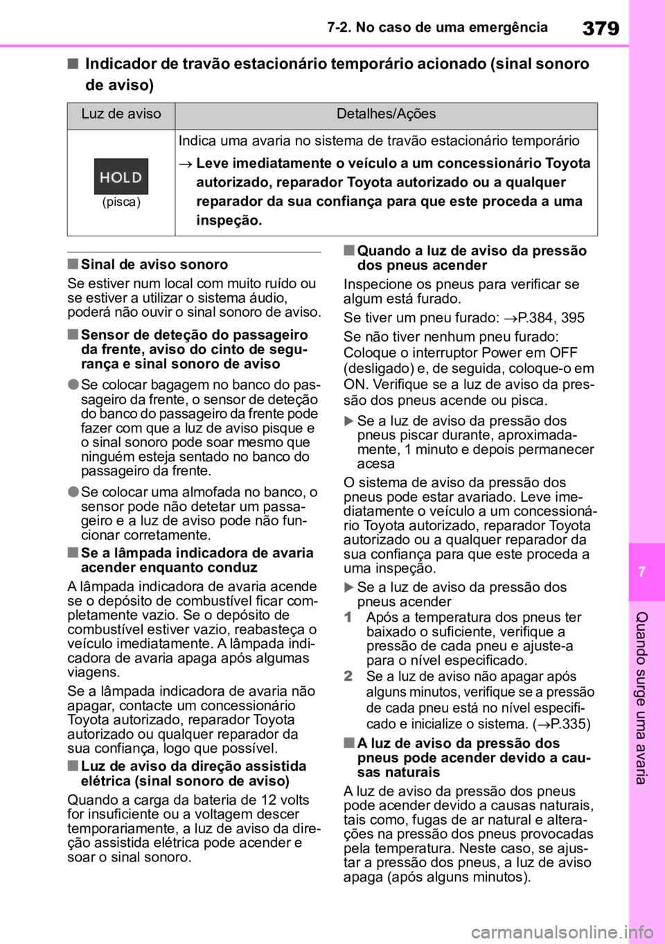 TOYOTA YARIS 2022  Manual de utilização (in Portuguese) 379
7
7-2. No caso de uma emergência
Quando surge uma avaria
nIndicador de travão estacionário temporário acionado (sinal sonoro 
de aviso)
nSinal de aviso sonoro
Se estiver num local com muito ru