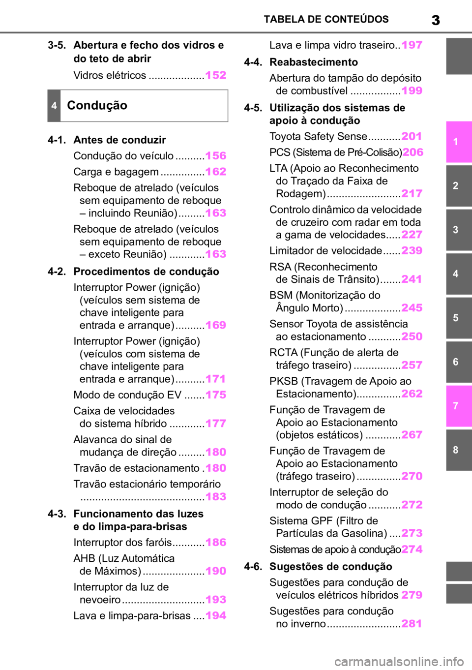 TOYOTA YARIS 2022  Manual de utilização (in Portuguese) 3TABELA DE CONTEÚDOS
1
6
5
4
3
2
8
7
3-5. Abertura e fecho dos vidros e 
do teto de abrir
Vidros elétricos ................... 152
4-1. Antes de conduzir  Condução do veículo .......... 156
Carga